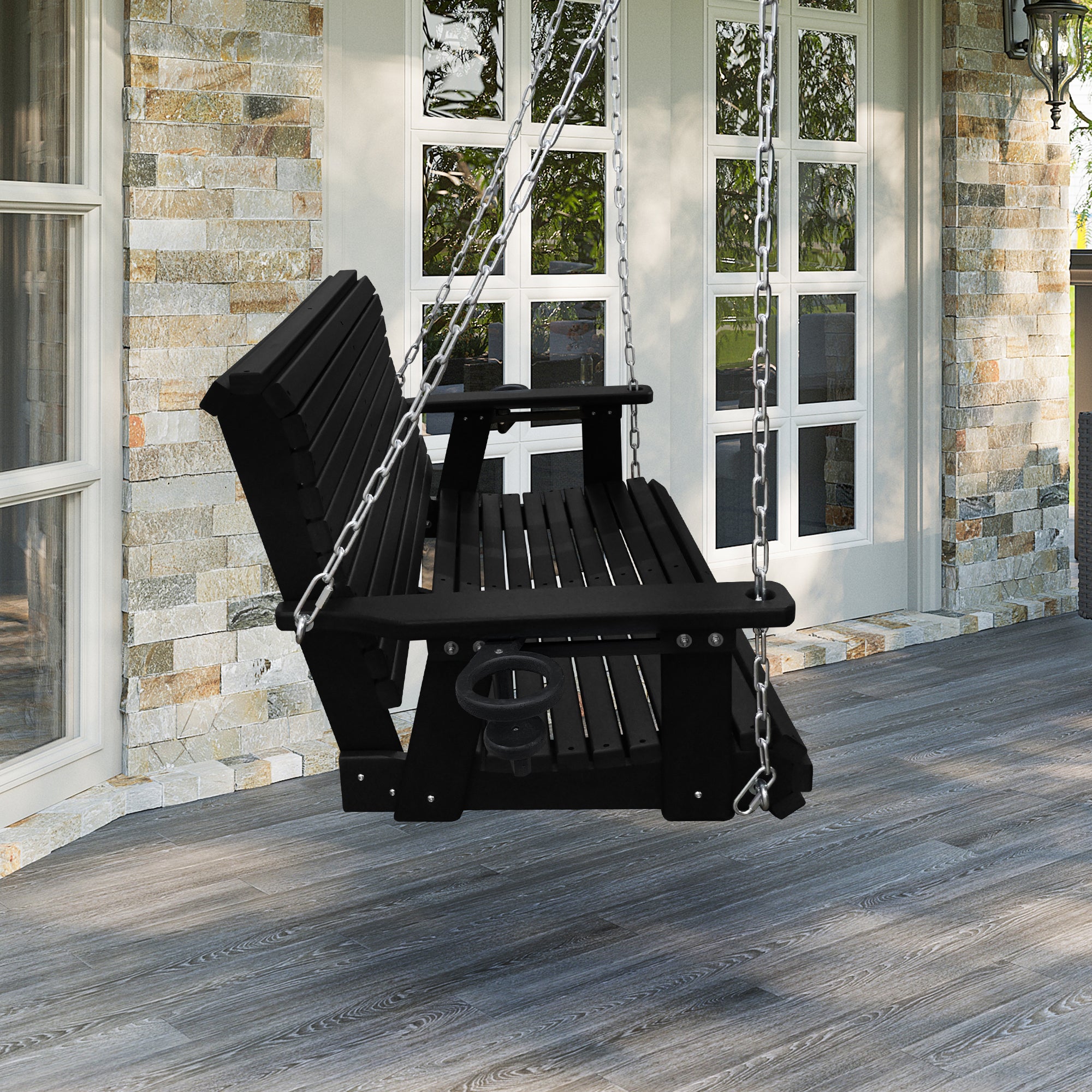 HDPE Porch Swing with 18/8 Stainless Steel Bolts, Ergonomic Design, Ultra Weather-Resistant, Heavy Duty 1200 LBS, for Outdoor Patio Garden Yard (Darknight Black)