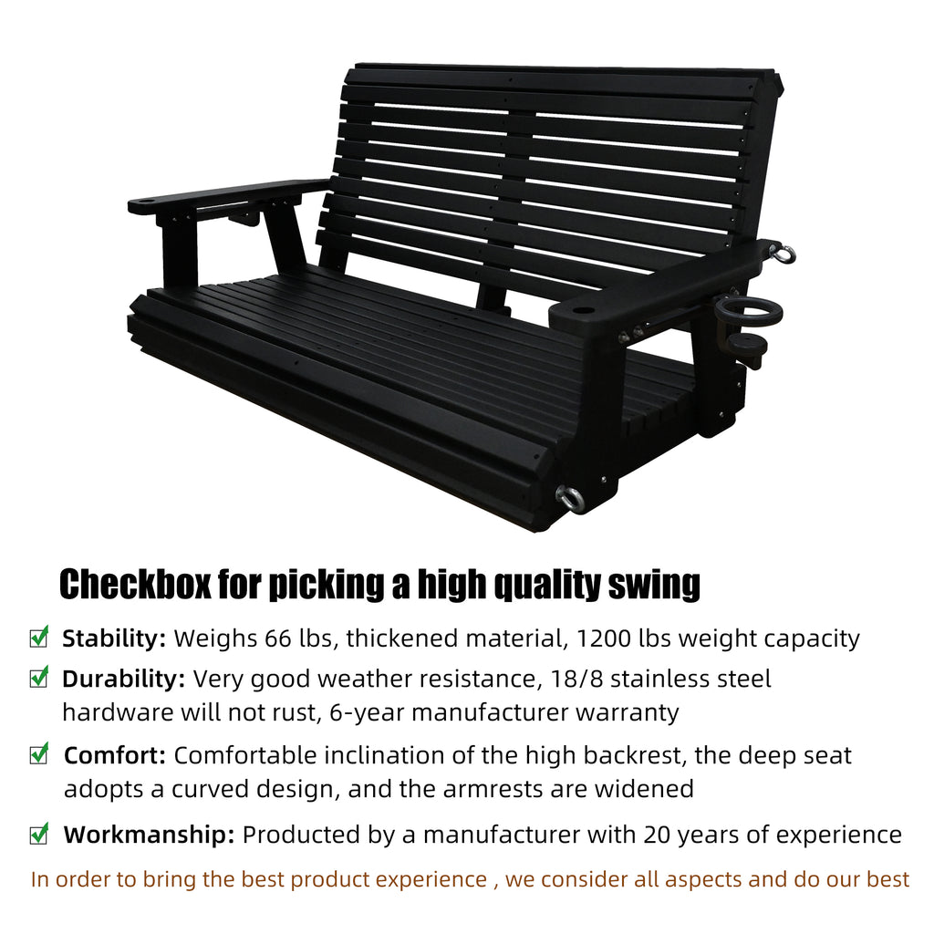 HDPE Porch Swing with 18/8 Stainless Steel Bolts, Ergonomic Design, Ultra Weather-Resistant, Heavy Duty 1200 LBS, for Outdoor Patio Garden Yard (Darknight Black)