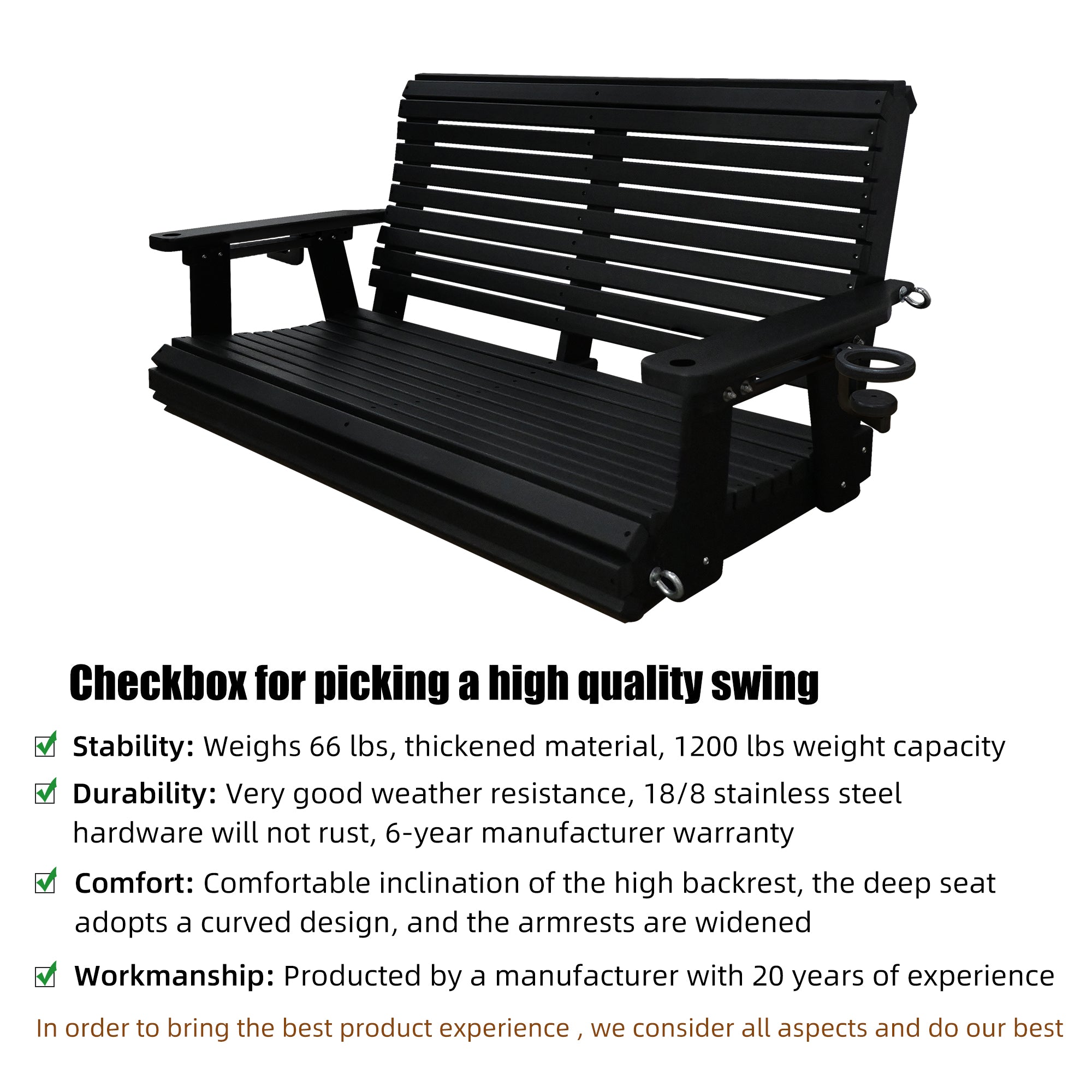 HDPE Porch Swing with 18/8 Stainless Steel Bolts, Ergonomic Design, Ultra Weather-Resistant, Heavy Duty 1200 LBS, for Outdoor Patio Garden Yard (Darknight Black)