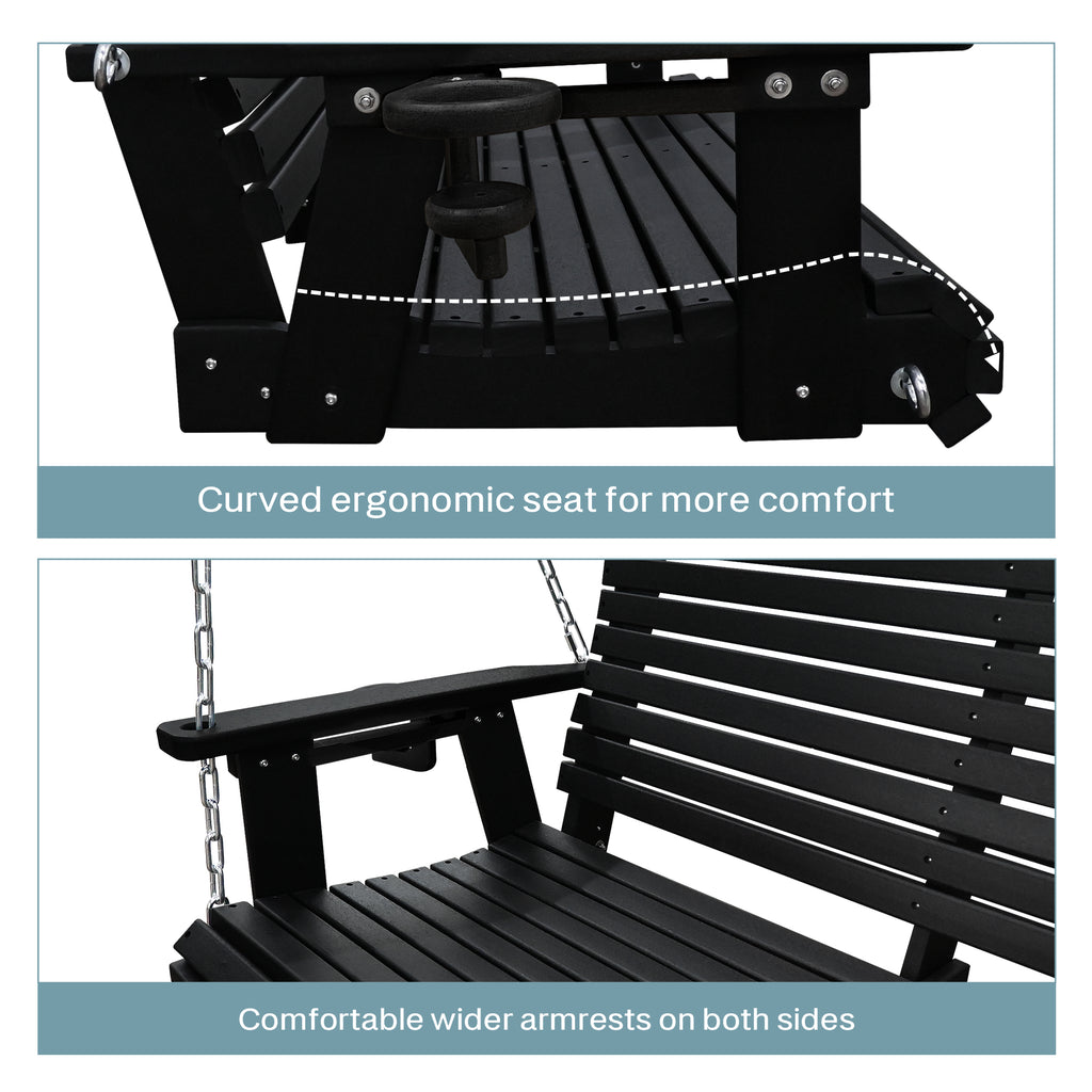 HDPE Porch Swing with 18/8 Stainless Steel Bolts, Ergonomic Design, Ultra Weather-Resistant, Heavy Duty 1200 LBS, for Outdoor Patio Garden Yard (Darknight Black)