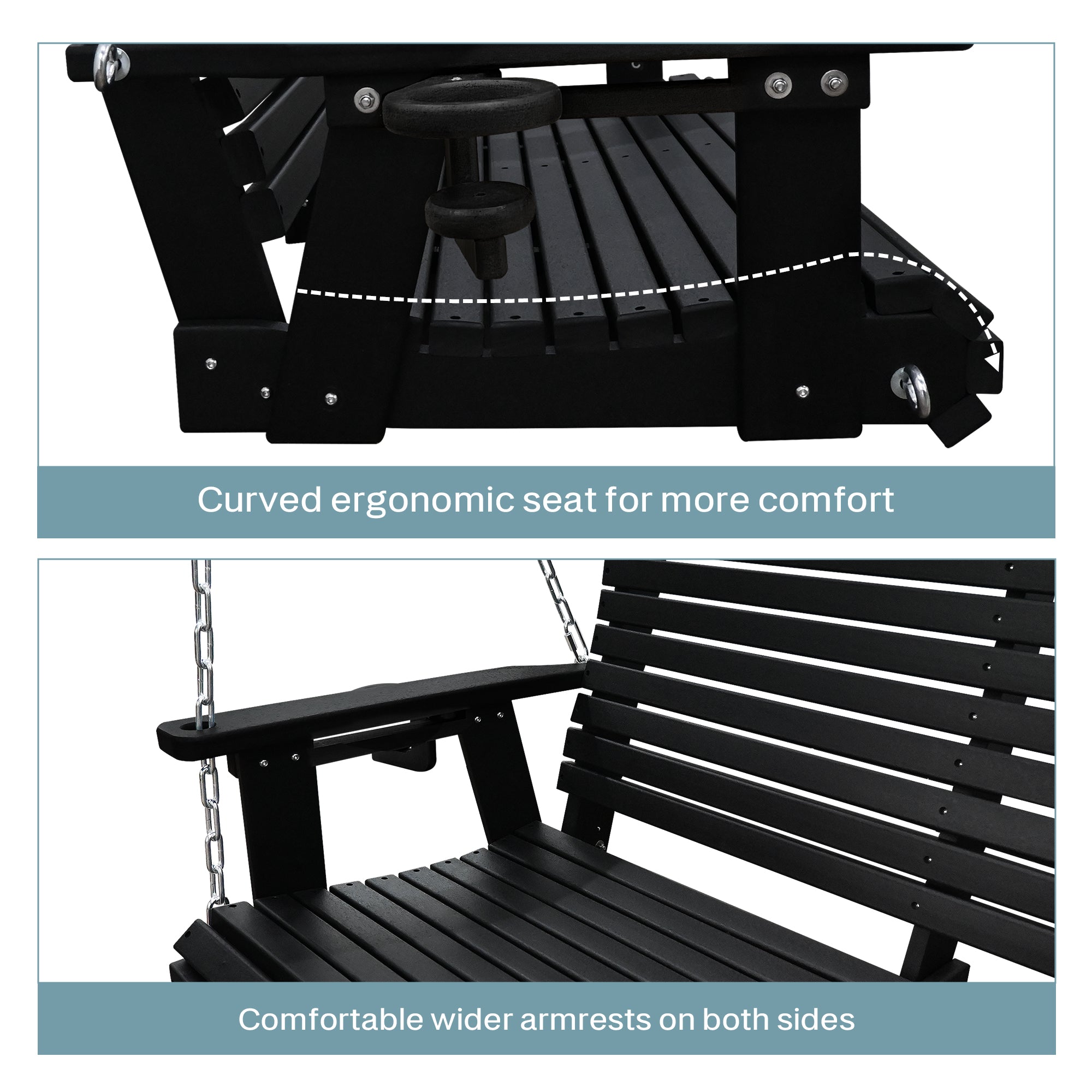 HDPE Porch Swing with 18/8 Stainless Steel Bolts, Ergonomic Design, Ultra Weather-Resistant, Heavy Duty 1200 LBS, for Outdoor Patio Garden Yard (Darknight Black)