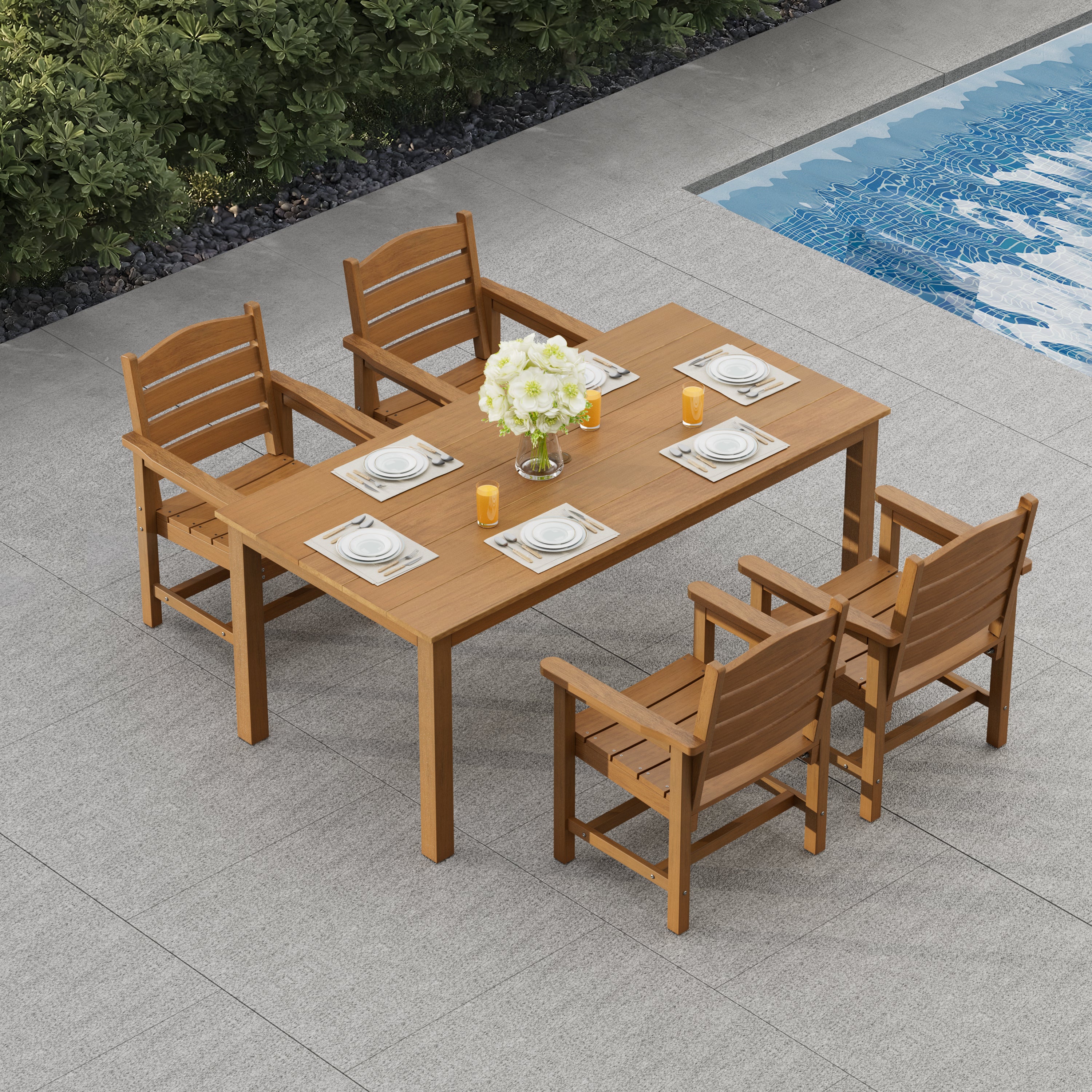 Poly Lumber Patio Dining Set, HIPS Outdoor Dining Table and Chairs, with Umbrella Hole, Weather Resistant (5 Piece, Teak Tone)