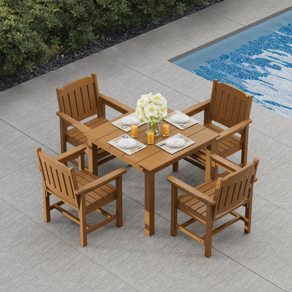 Modern HDPE Patio Dining Set, Poly Lumber Table and Chair, with Umbrella Hole, Weather Resistant, for Outdoor, Yard, Lawn (Teak Tone, 5 Piece - 36.2'' Table)