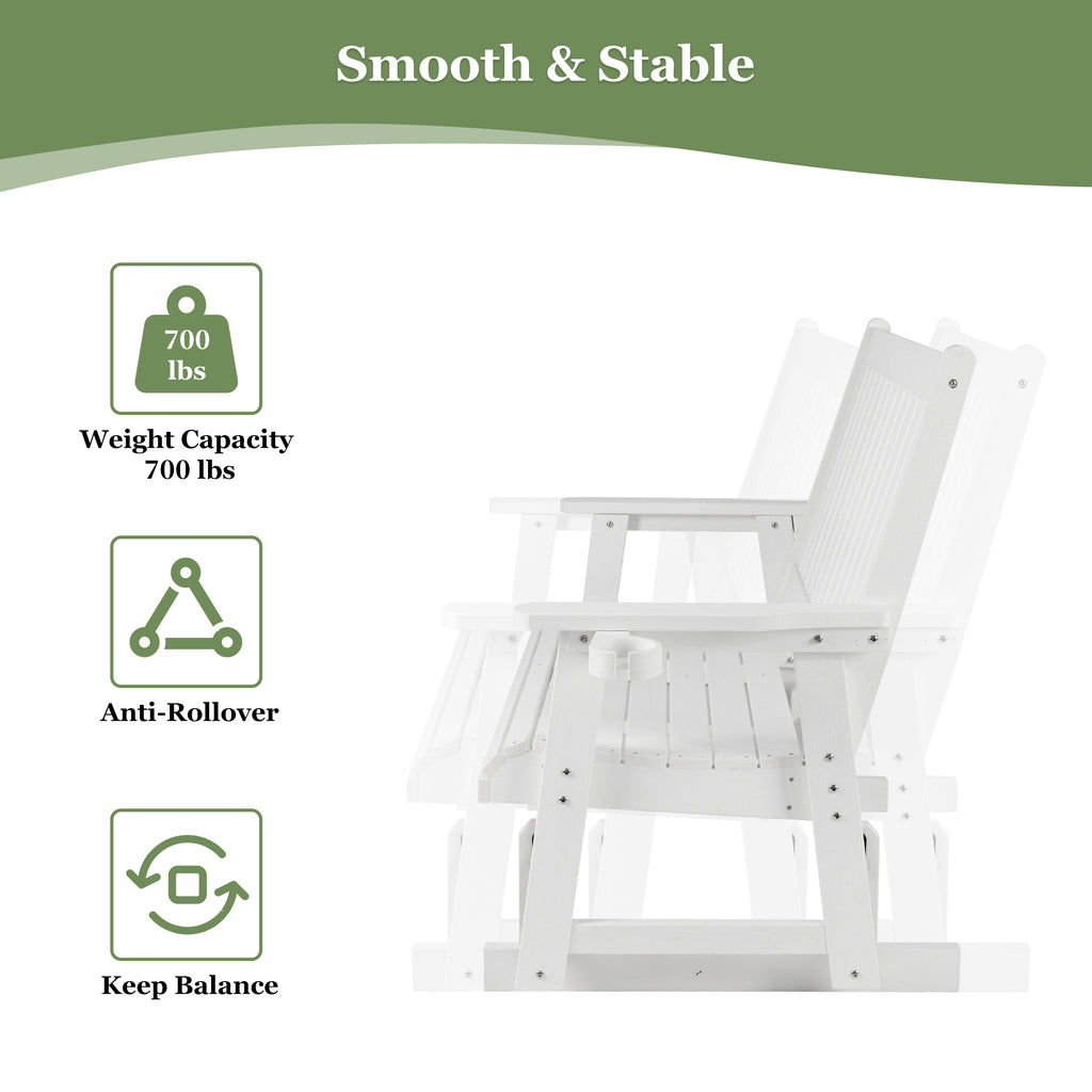 HIPS Patio Glider with Cup Holders, Durable Poly Lumber Material, All-Weather Resistant, High Backrest and Deep Contoured Seat, Heavy Duty 900 LB, for Outdoor, Porch, Patio (White, 2-Seat)