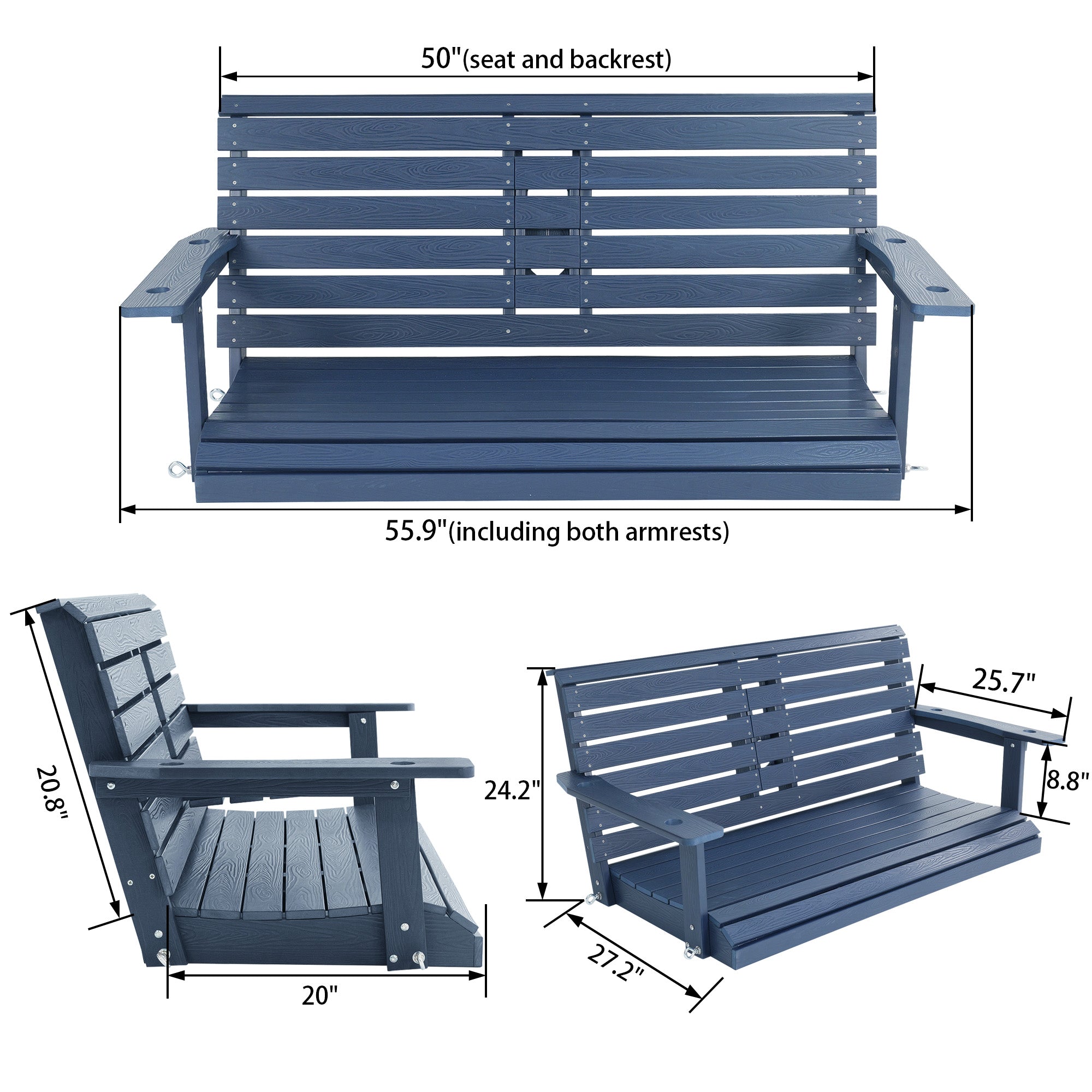 Poly Lumber 3-Seat Porch Swing, HIPS 5-Feet Bench Swing with Foldable Cup Holders,18/8 Stainless Steel Hardware, High Backrest and Deep Contoured Seat (Navy Blue 4.5-feet)