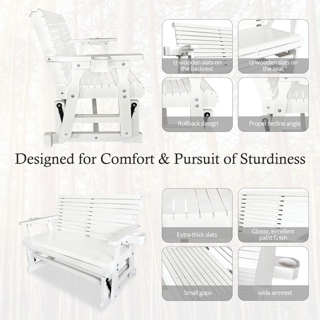 Fortune Candy Patio Glider with Cup Holders, High Roll Back and Deep Contoured Seat,Heavy Duty 800 Lb (White, 2-Seater)