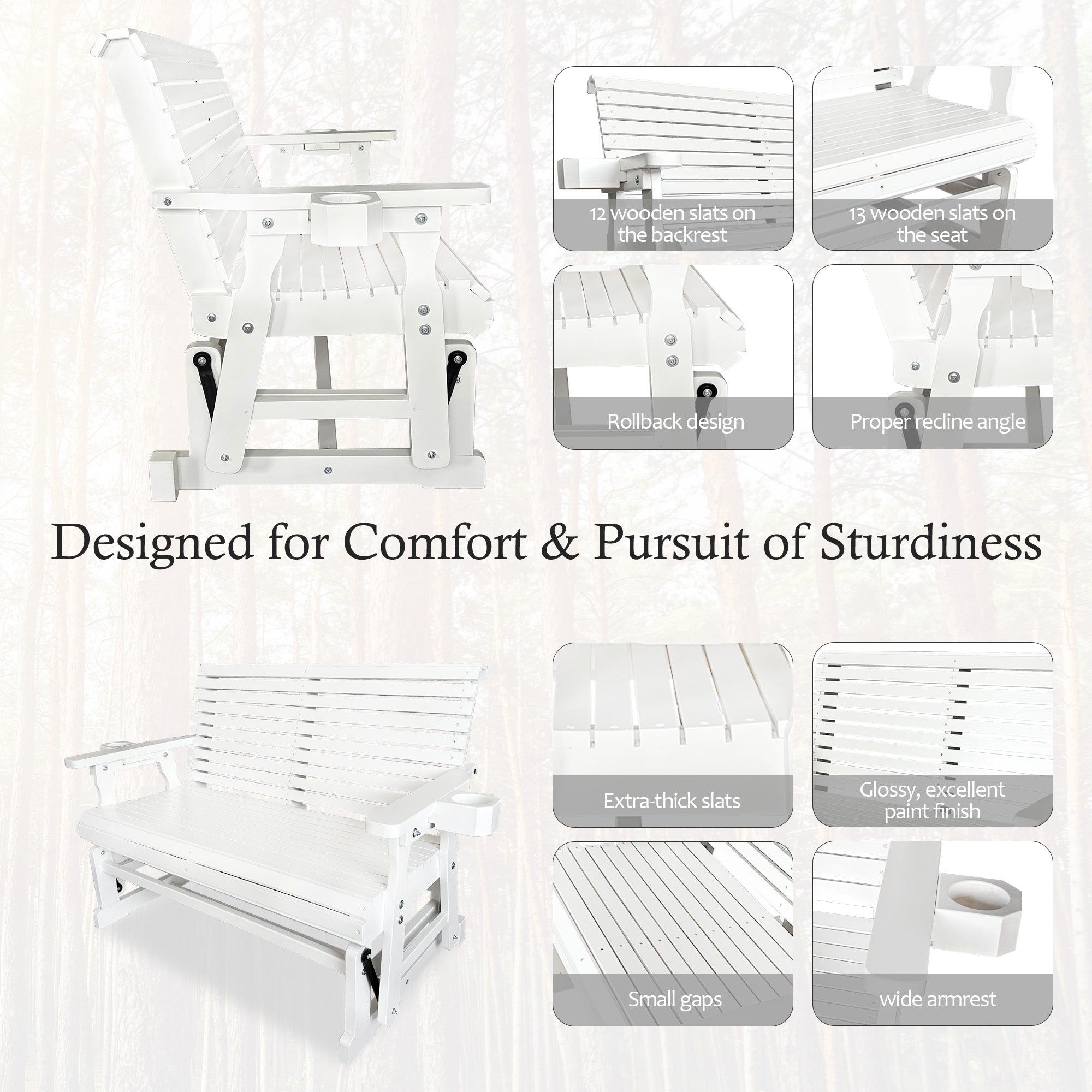 Fortune Candy Patio Glider with Cup Holders, High Roll Back and Deep Contoured Seat,Heavy Duty 800 Lb (White, 2-Seater)