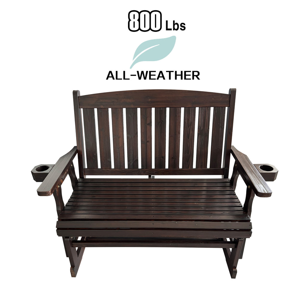 Fortune Candy Wooden Patio Glider, with Cup Holders, High Back and Deep Contoured Seat, Solid Fir Wood, Heavy Duty 800 LBS (Deep Brown, 2-Seater)