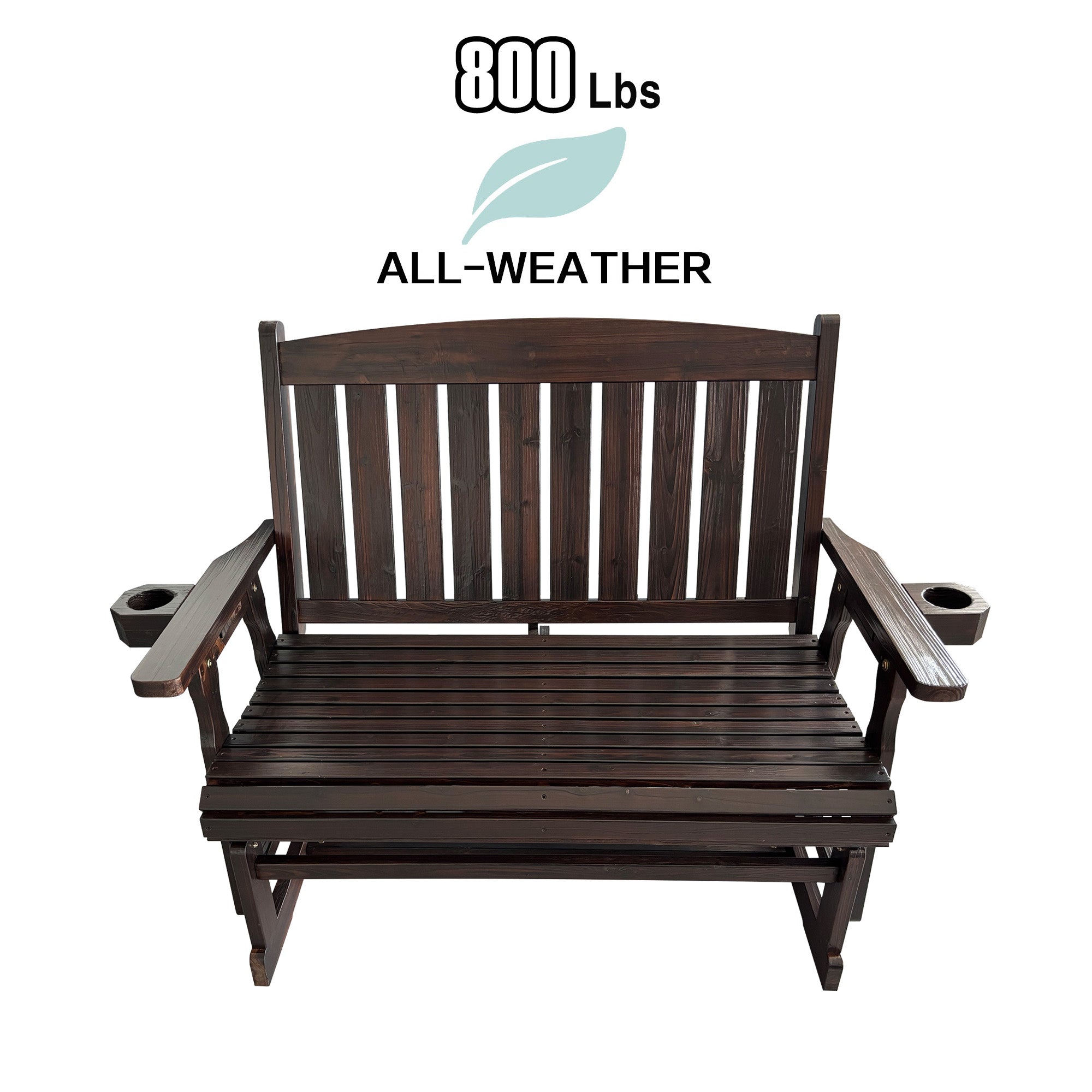 Fortune Candy Wooden Patio Glider, with Cup Holders, High Back and Deep Contoured Seat, Solid Fir Wood, Heavy Duty 800 LBS (Deep Brown, 2-Seater)