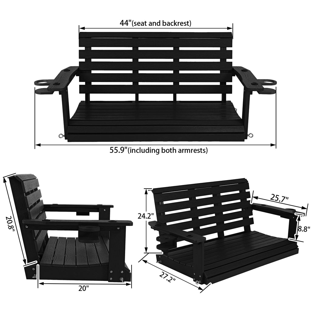 Poly Lumber 2-Seat Porch Swing, HIPS 4-Feet Bench Swing with Foldable Cup Holders,18/8 Stainless Steel Hardware, High Backrest and Deep Contoured Seat (Carbon Black, 4-feet)