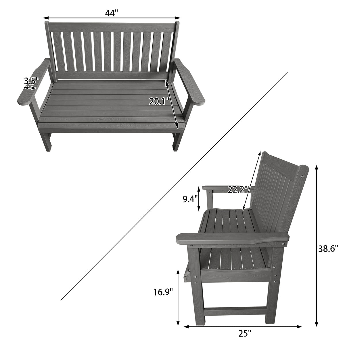 Poly Lumber Outdoor Bench, HIPS All-Weather Bench, Never Rots or Fades, for Patio, Porch, Garden and Park, 700 lbs Weight Capacity (Gray, 44-inch)