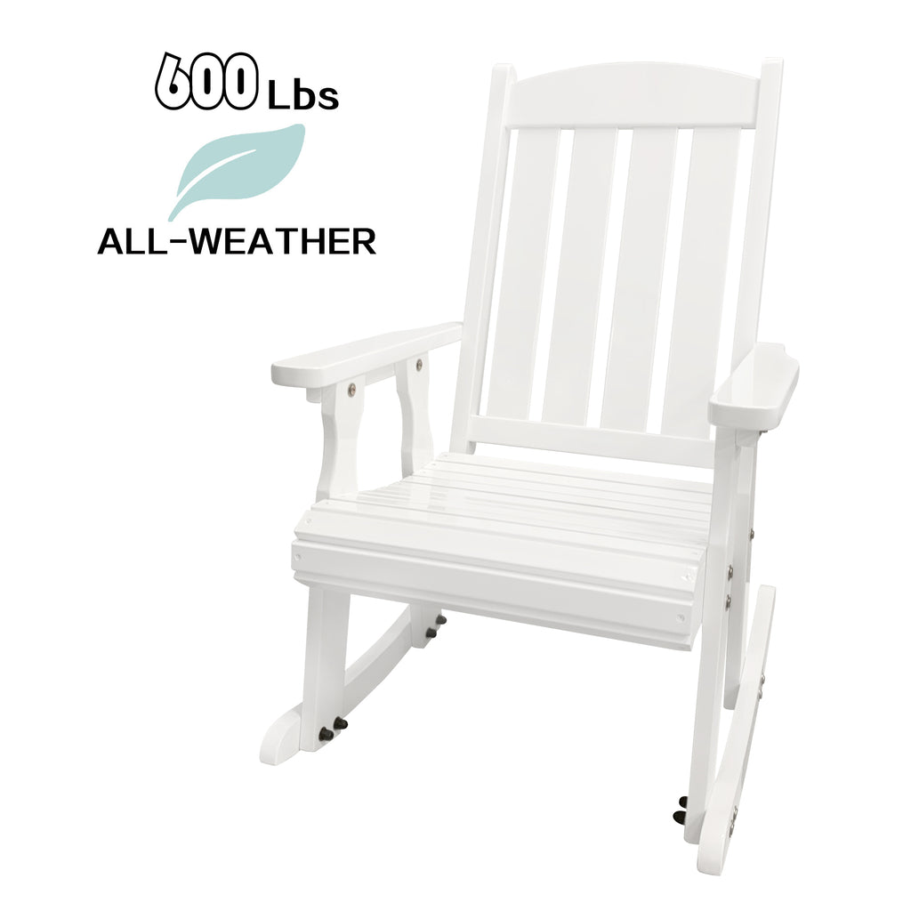 Fortune Candy Wooden Rocking Chair with Comfortable Backrest Inclination, High Backrest and Deep Contoured Seat, Solid Fir Wood, Heavy Duty 600 LBS, for Backyard, Porch and Patio (PU White)