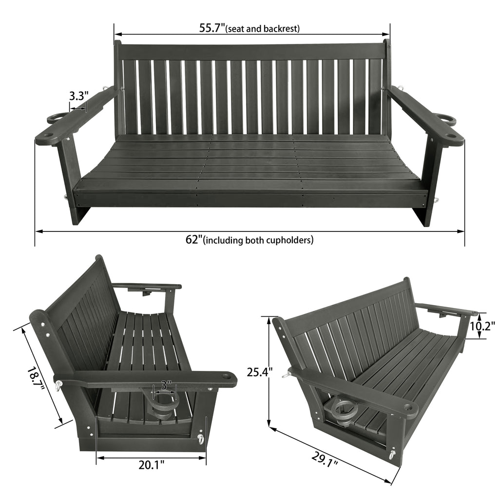 HDPE 3-Seater Porch Swing, 5-Feet Bench Swing with Foldable Cup Holders,18/8 Stainless Steel Hardware, High Backrest and Deep Contoured Seat (Gray, 5-feet)