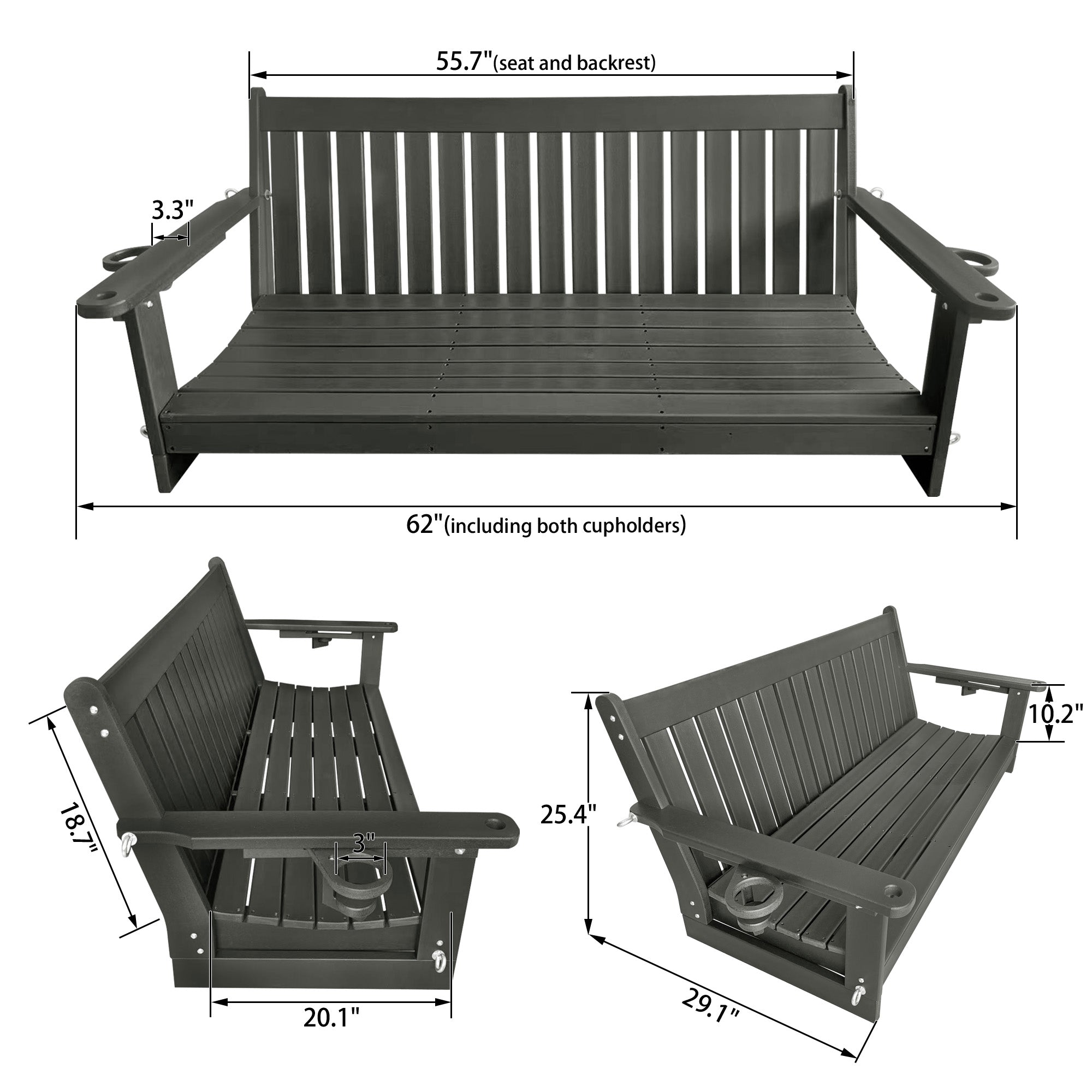 HDPE 3-Seater Porch Swing, 5-Feet Bench Swing with Foldable Cup Holders,18/8 Stainless Steel Hardware, High Backrest and Deep Contoured Seat (Gray, 5-feet)
