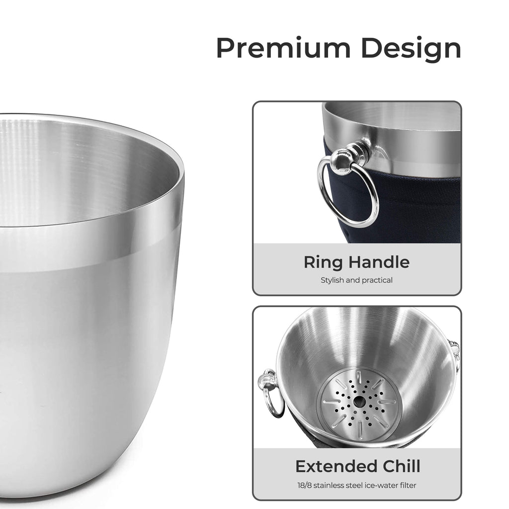 Fortune Candy Insulated Ice Bucket - Double Walled Stainless Steel Ice Bucket with Ice Tongs, Scoop, Lid, and Exclusive Handmade Nylon Holder - 2.8 L, Silver/Navy Blue