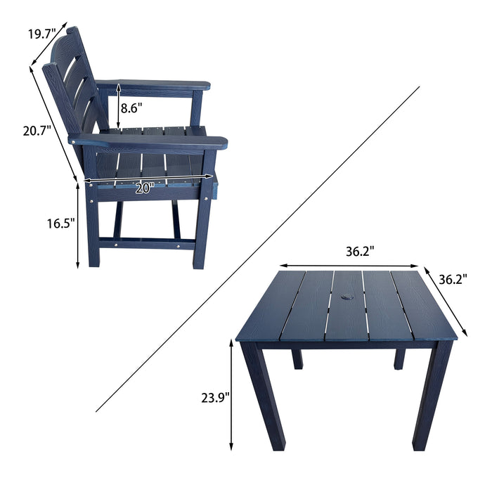 Poly Lumber Patio Dining Set, HIPS Outdoor 36.2-Inches Dining Table and Ladder Back Chairs, with Umbrella Hole, Weather Resistant (5 Piece, Navy Blue)