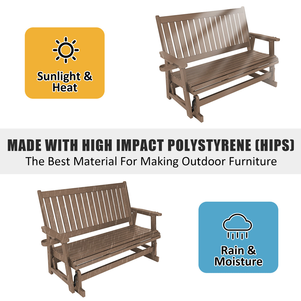 HIPS Patio Glider with Cup Holders, All-Weather Resistant, High Backrest and Deep Contoured Seat, Heavy Duty 900 LB (3 Seat - Brown)