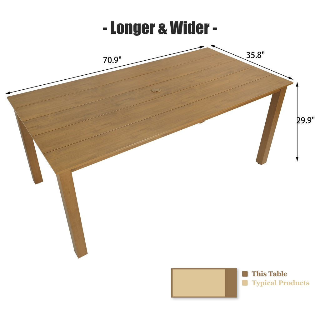 70.9-Inches Poly Lumber Outdoor Dining Table, HIPS Patio Dining Table with Umbrella Hole, Weather Resistant (Teak Tone, 1 Piece)