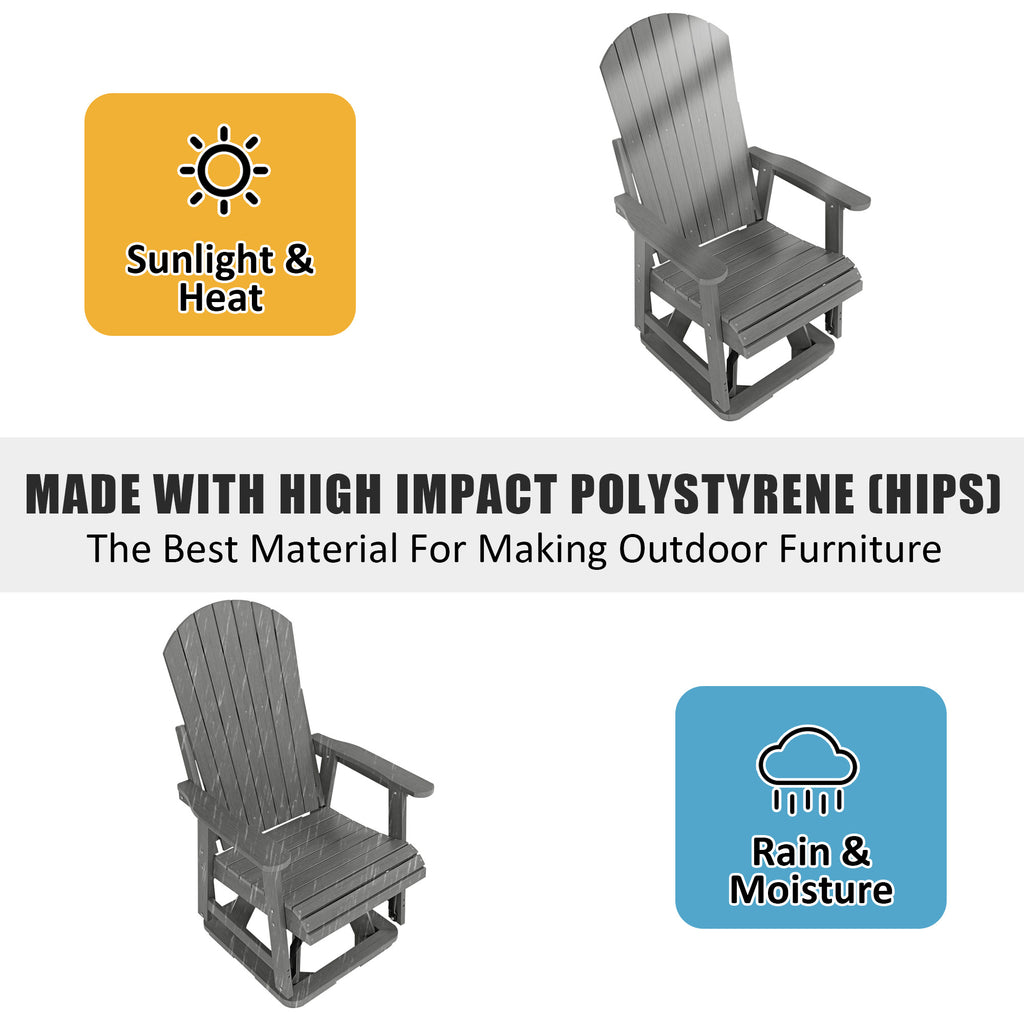 HIPS Swivel Patio Glider, Poly Lumber Weather Resistant Outdoor Chair, for Patio, Porch, Yard (Gray)