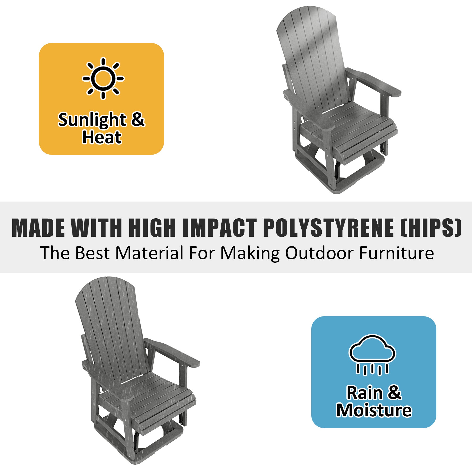 HIPS Swivel Patio Glider, Poly Lumber Weather Resistant Outdoor Chair, for Patio, Porch, Yard (Gray)