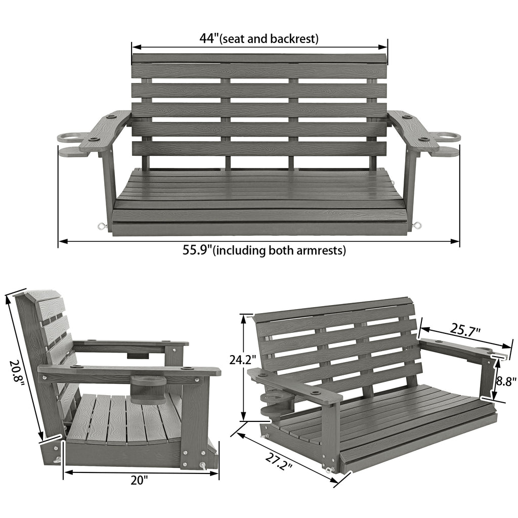 Poly Lumber 2-Seat Porch Swing, HIPS 4-Feet Bench Swing with Foldable Cup Holders,18/8 Stainless Steel Hardware, High Backrest and Deep Contoured Seat (Gray, 4-feet)