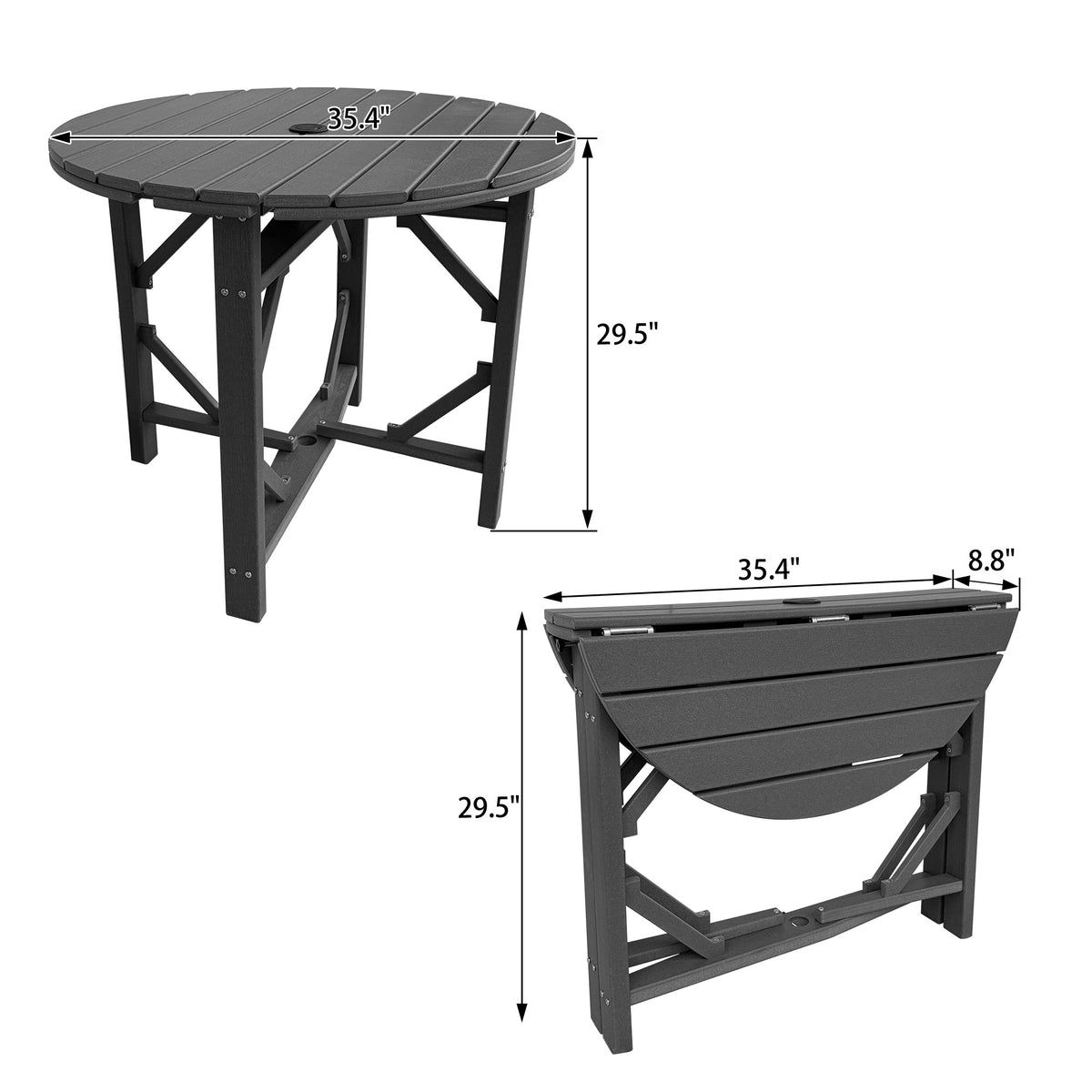 HDPE Round Dining Table, Foldable Outdoor Table with Umbrella Hole, Weather Resistant, for Patio, Backyard, Lawn (Grey, 1 Piece - 35.4'' Table)