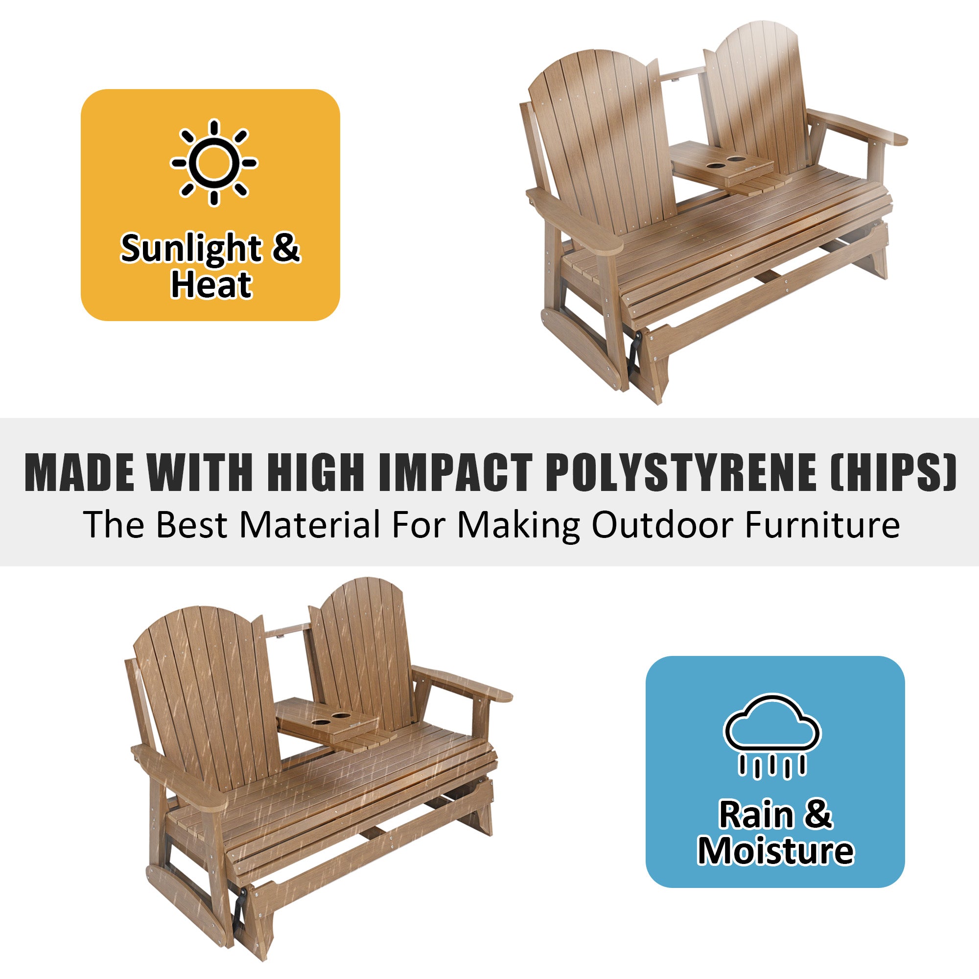HIPS Patio Glider with Foldable Cup Holders, Durable Poly Lumber Material, All-Weather Resistant, High Backrest and Deep Contoured Seat, Heavy Duty 900 LB, for Outdoor, Porch, Patio (Brown, 3-Seat)
