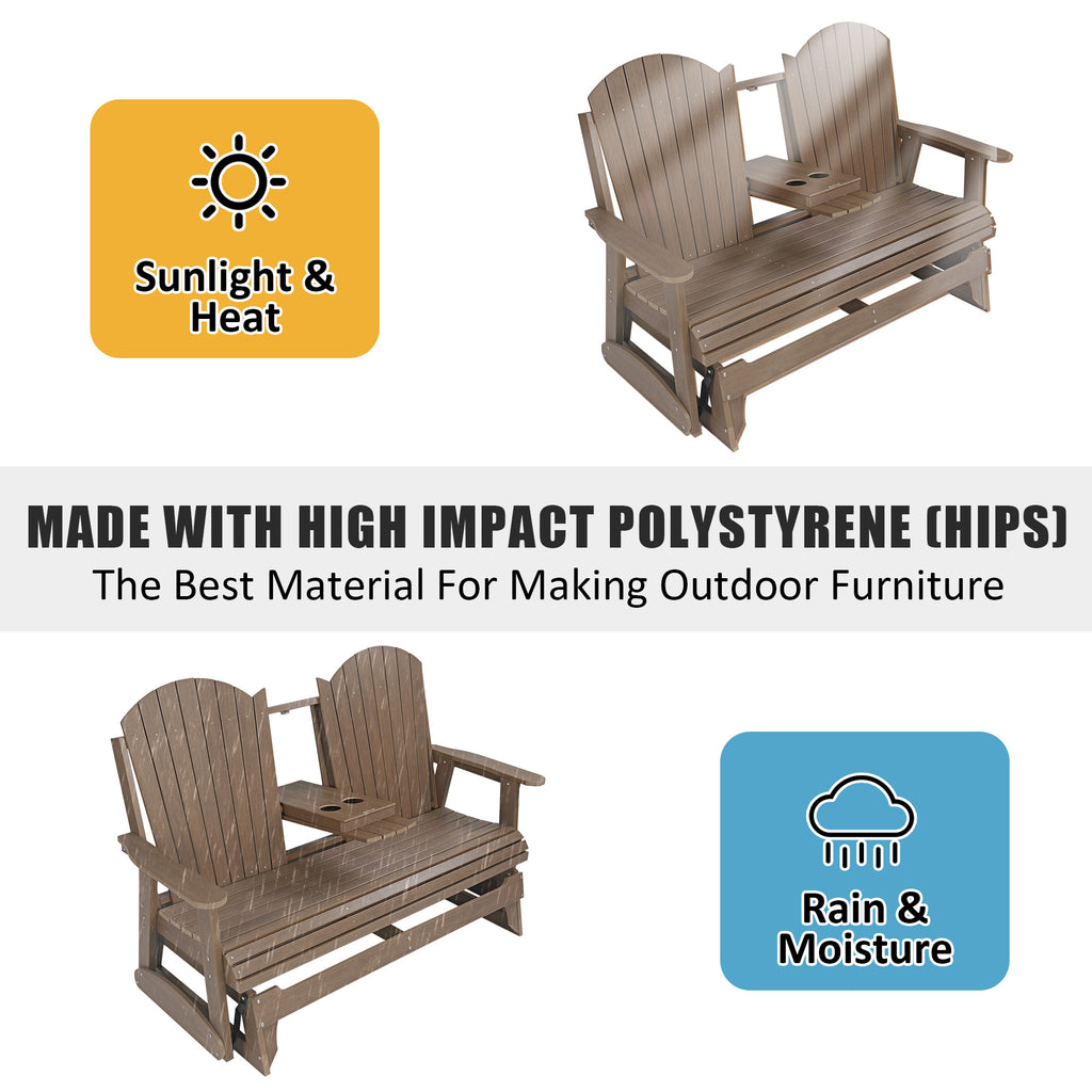 HIPS Patio Glider with Foldable Cup Holders, Durable Poly Lumber Material, All-Weather Resistant, High Backrest and Deep Contoured Seat, Heavy Duty 900 LB, for Outdoor, Porch, Patio (Brown, 3-Seat)