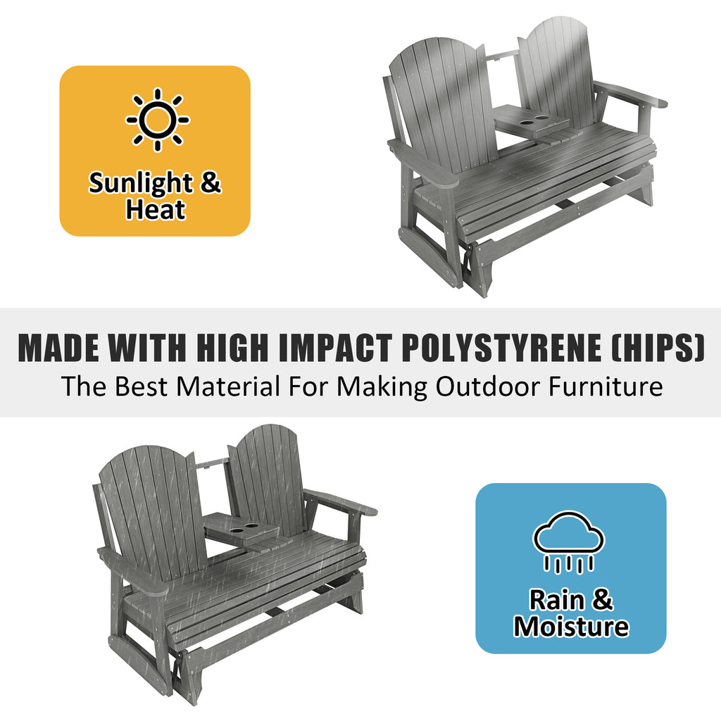 HIPS Patio Glider with Foldable Cup Holders, Durable Poly Lumber Material, All-Weather Resistant, High Backrest and Deep Contoured Seat, Heavy Duty 900 LB, for Outdoor, Porch, Patio (Gray, 3-Seat)