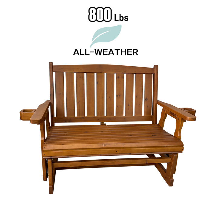 Fortune Candy Wooden Patio Glider, with Cup Holders, High Back and Deep Contoured Seat, Solid Fir Wood, Heavy Duty 800 LBS (Teak Tone, 2-Seater)
