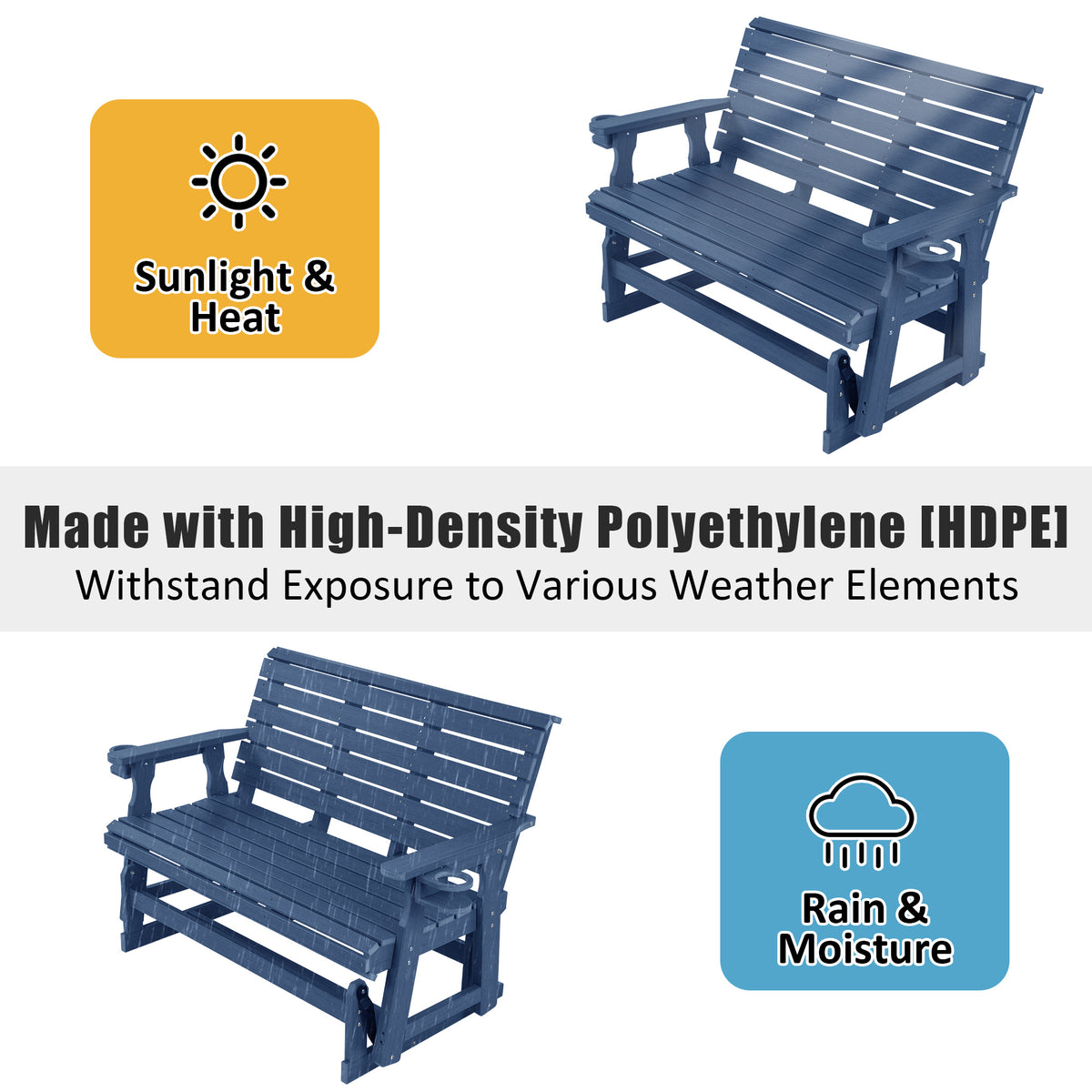 HDPE Patio Glider, Poly Lumber Weather-Resistant Outdoor Glider Bench, for Patio, Porch, Yard,  (Navy Blue, 2-Seater)