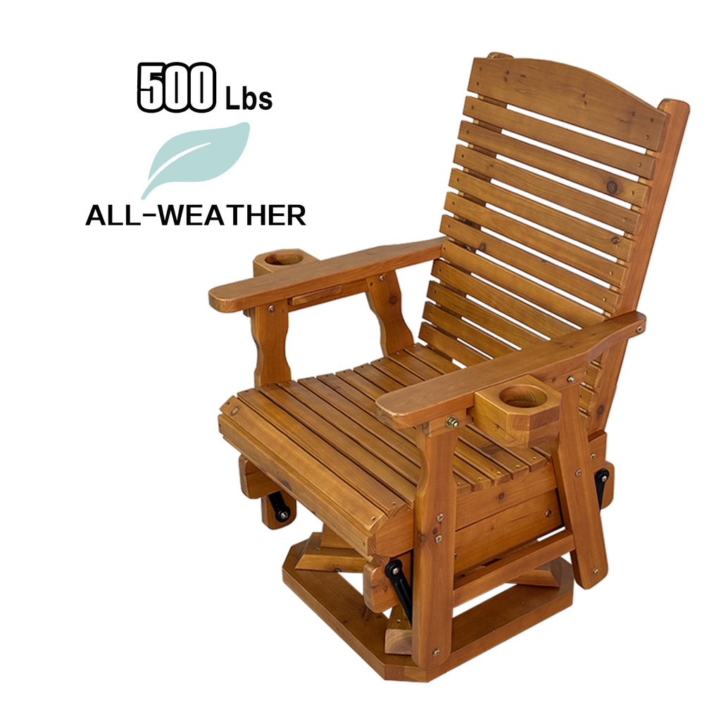 Wooden Swivel Glider Chair, 360° Outdoor Patio Rocker with Ergonomic Design, Smooth Gliding Motion, Solid Fir Wood, Weather-Resistant PU Finish, Heavy Duty 500 LBS