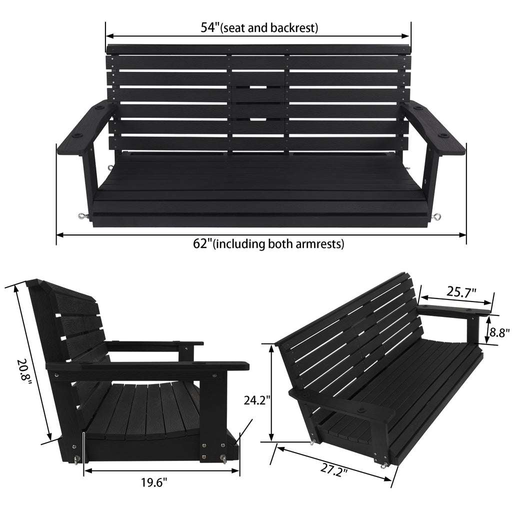 Poly Lumber 3-Seat Porch Swing, HIPS 5-Feet Bench Swing with Foldable Cup Holders,18/8 Stainless Steel Hardware, High Backrest and Deep Contoured Seat, Carbon Black