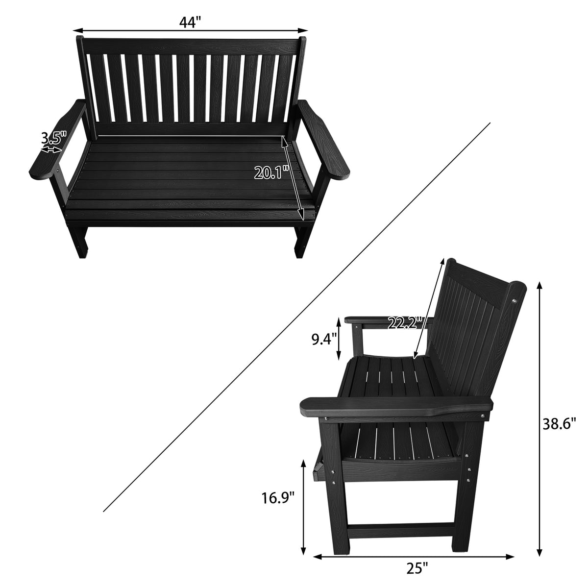 Poly Lumber Outdoor Bench, HIPS All-Weather Bench, Never Rots or Fades, for Patio, Porch, Garden and Park, 700 lbs Weight Capacity (Black, 44-inch)