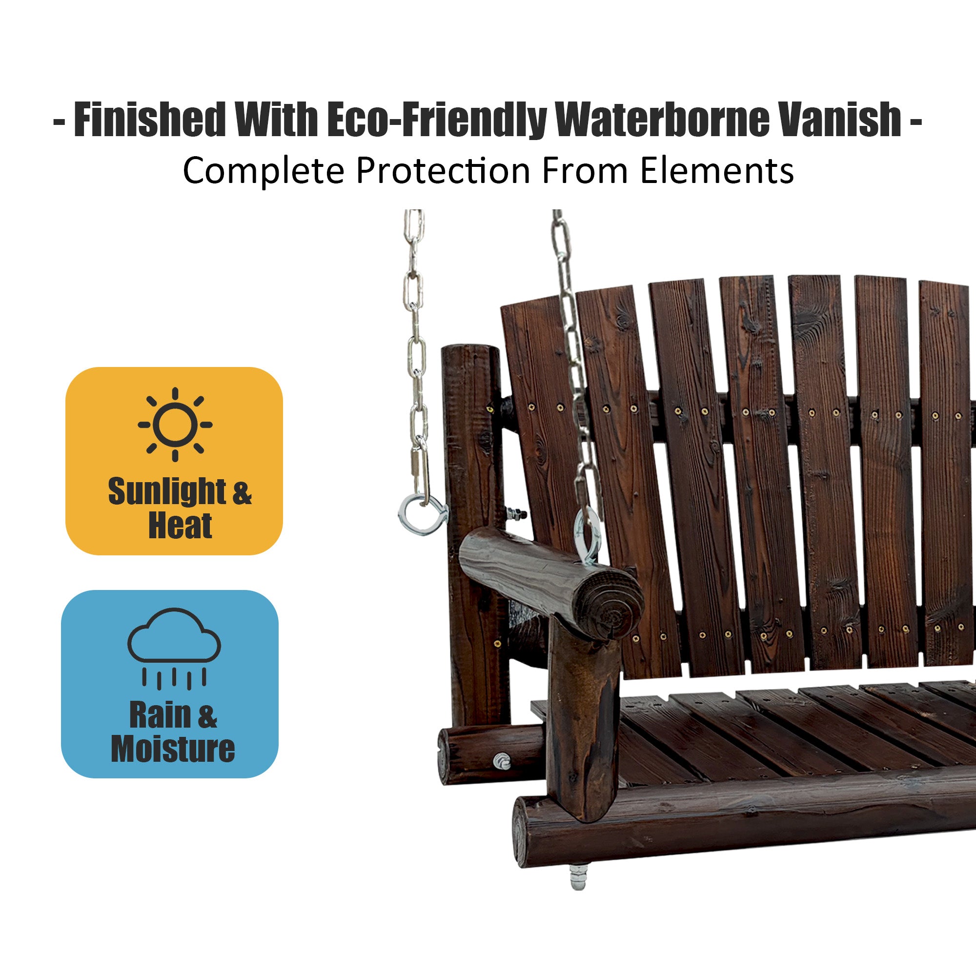 Rustic Log Wooden Porch Swing, Heavy-Duty 900 LBS, Outdoor Hanging Bench for Patio, Garden, Yard – Solid Fir Wood, Handcrafted, Weather-Resistant Finish