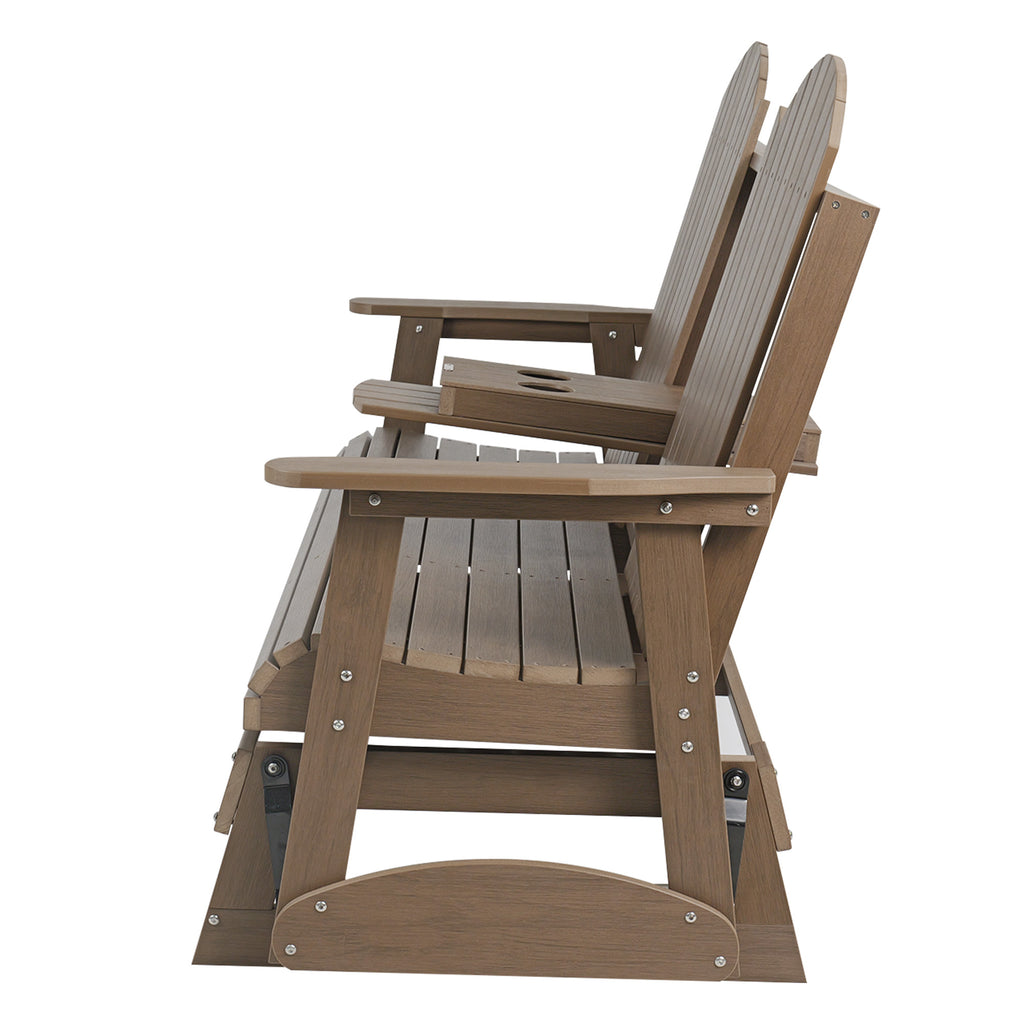 HIPS Patio Glider with Foldable Cup Holders, Durable Poly Lumber Material, All-Weather Resistant, High Backrest and Deep Contoured Seat, Heavy Duty 900 LB, for Outdoor, Porch, Patio (Brown, 3-Seat)