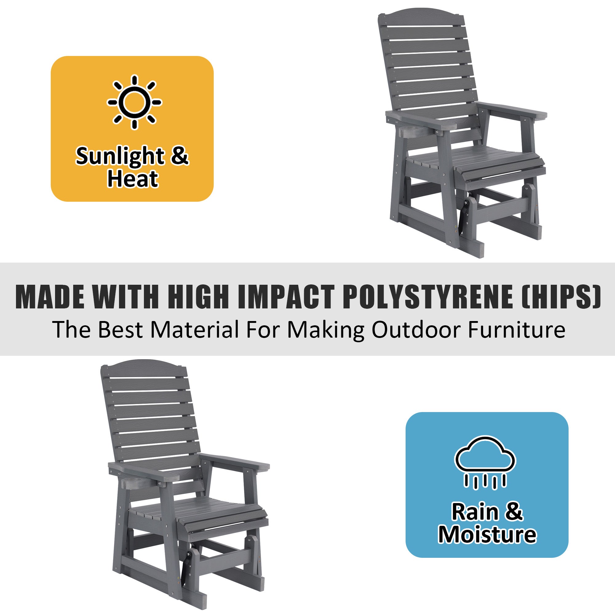 Poly Lumber Patio Glider for One Person, with Cup Holders, High Backrest and Deep Contoured Seat, HIPS Material, All-Weather Resistant, Heavy Duty 700 Pounds (Classic Gray)