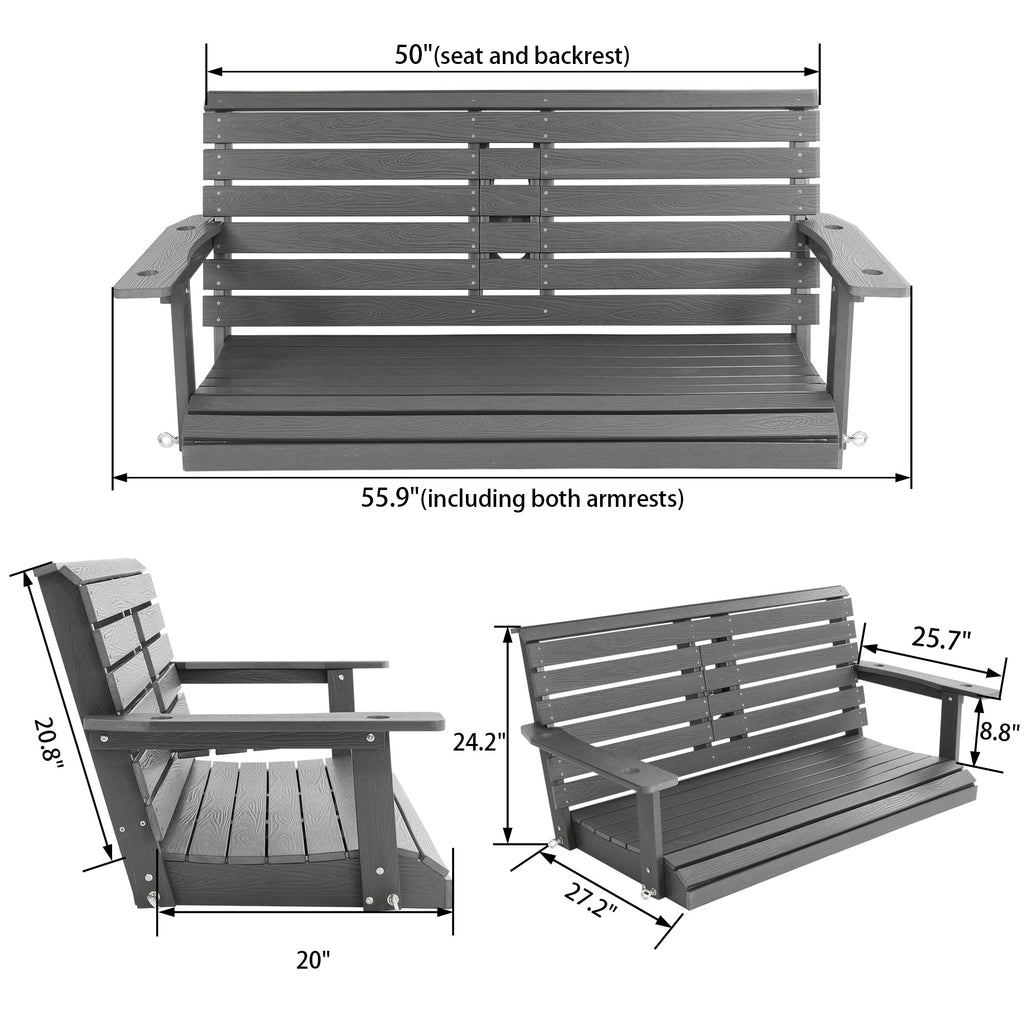 Poly Lumber 2-Seat Porch Swing, HIPS 4.5-Feet Bench Swing with Foldable Cup Holders,18/8 Stainless Steel Hardware, High Backrest and Deep Contoured Seat (Gray, 4.5-feet)