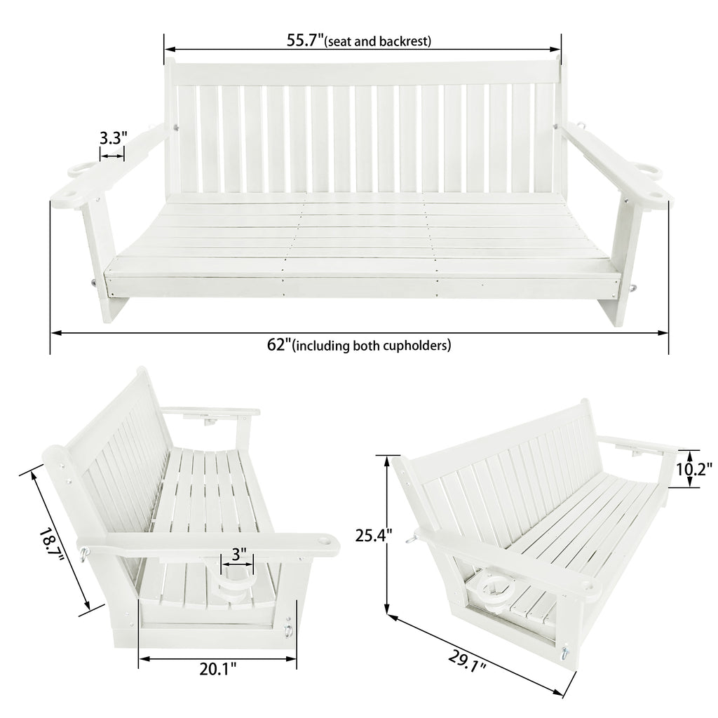 HDPE 3-Seater Porch Swing, 5-Feet Bench Swing with Foldable Cup Holders,18/8 Stainless Steel Hardware, High Backrest and Deep Contoured Seat (White, 5-feet)