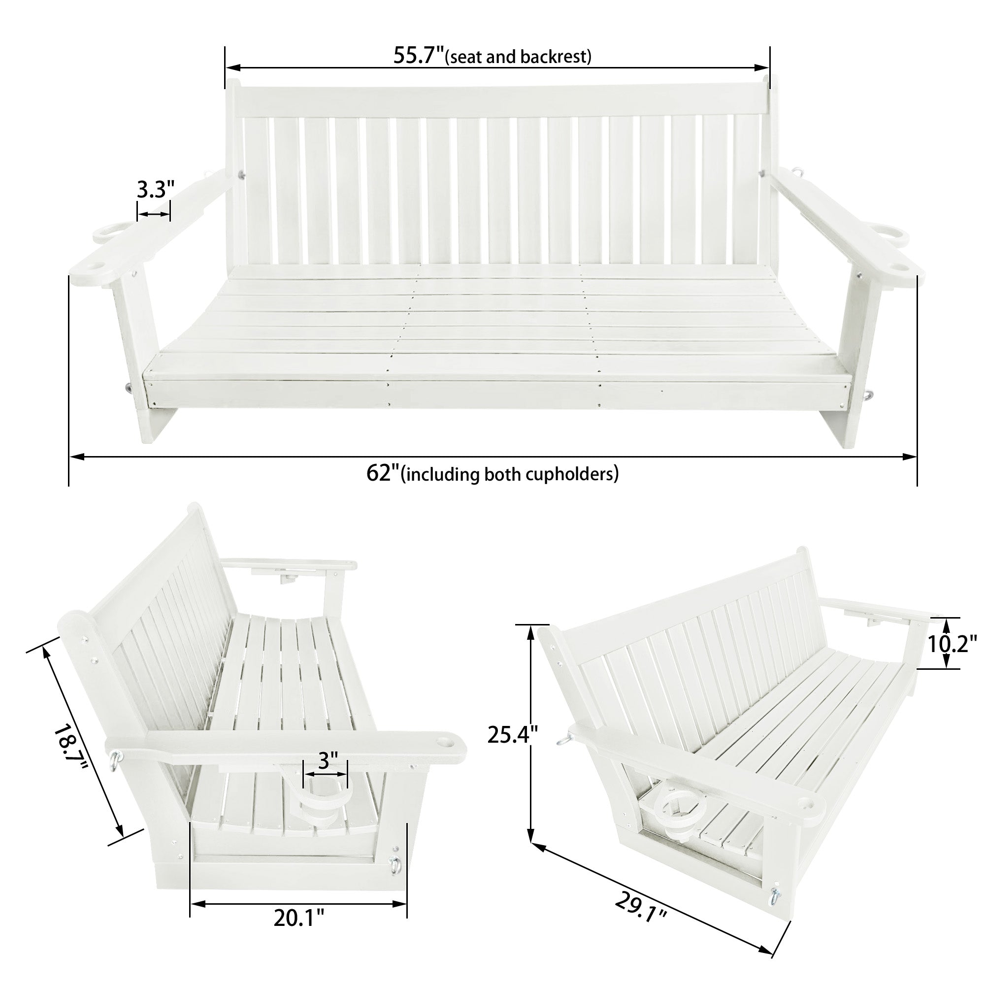 HDPE 3-Seater Porch Swing, 5-Feet Bench Swing with Foldable Cup Holders,18/8 Stainless Steel Hardware, High Backrest and Deep Contoured Seat (White, 5-feet)