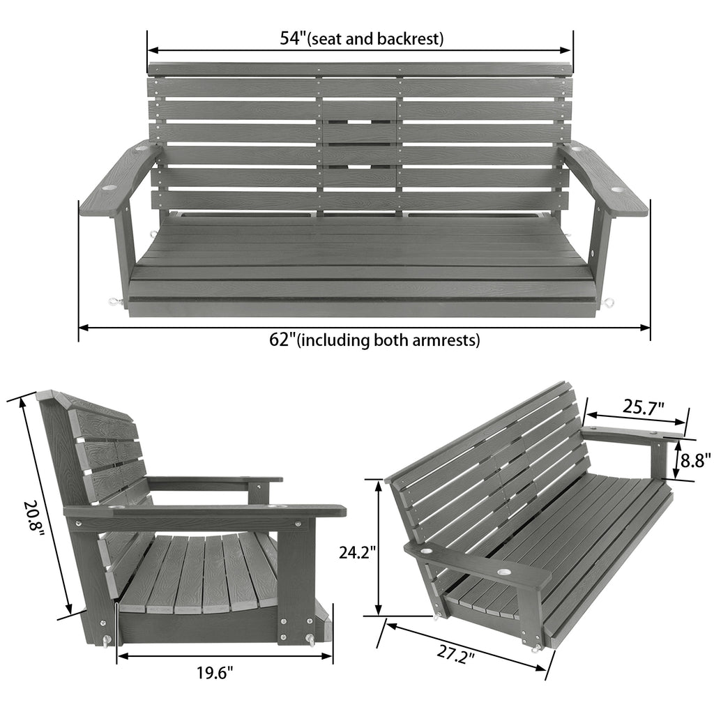 Poly Lumber 3-Seat Porch Swing, HIPS 5-Feet Bench Swing with Foldable Cup Holders,18/8 Stainless Steel Hardware, High Backrest and Deep Contoured Seat (Gray, 5-feet)