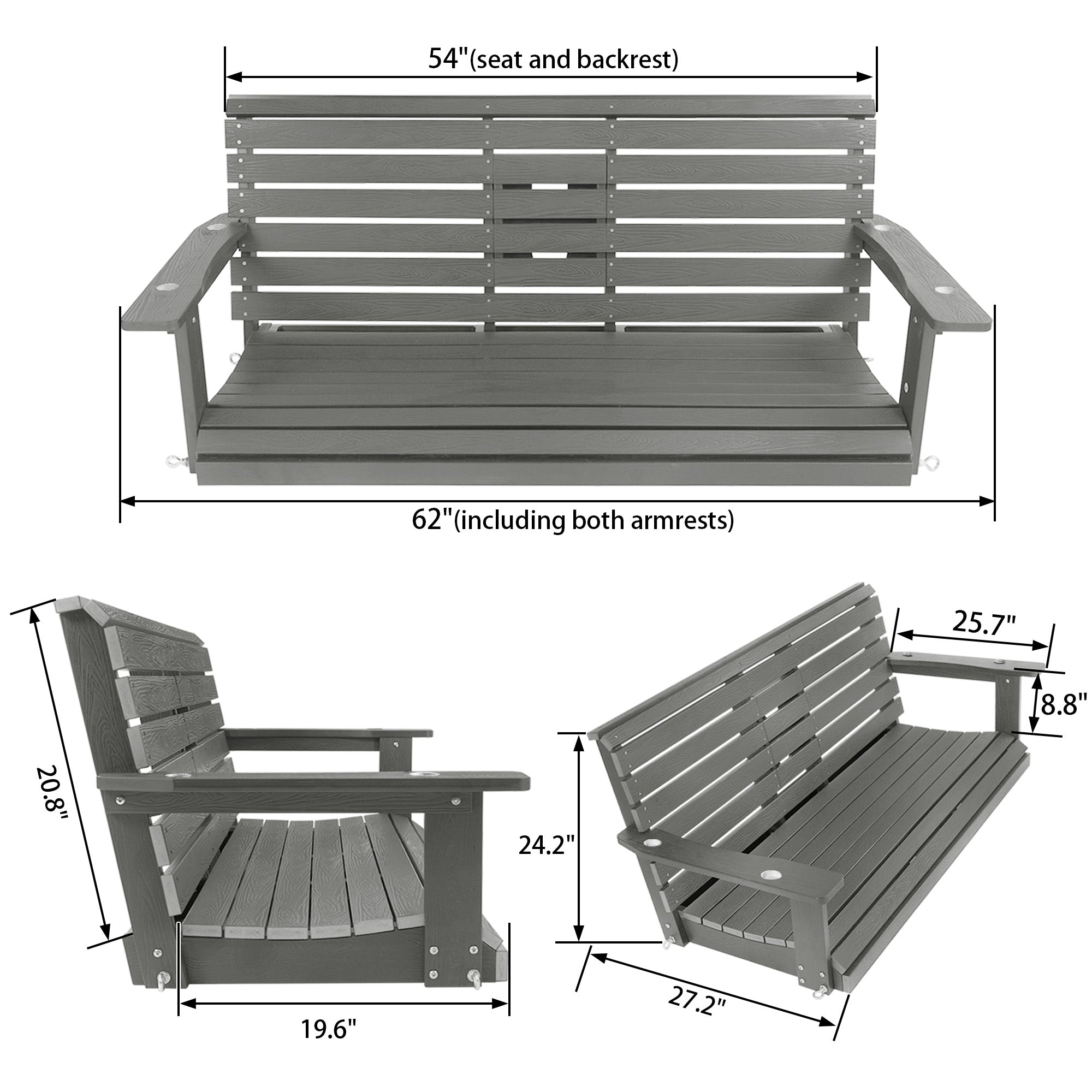 Poly Lumber 3-Seat Porch Swing, HIPS 5-Feet Bench Swing with Foldable Cup Holders,18/8 Stainless Steel Hardware, High Backrest and Deep Contoured Seat (Gray, 5-feet)