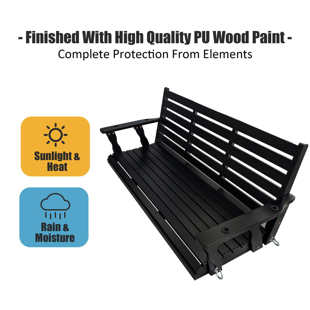 Wooden Porch Swing, Ergonomic Seat, Bench Swing with Hanging Chains and 7mm Springs, Heavy Duty 800 LBS, for Outdoor Patio Garden Yard (Carbon Black, 3-Seater Extra Large)