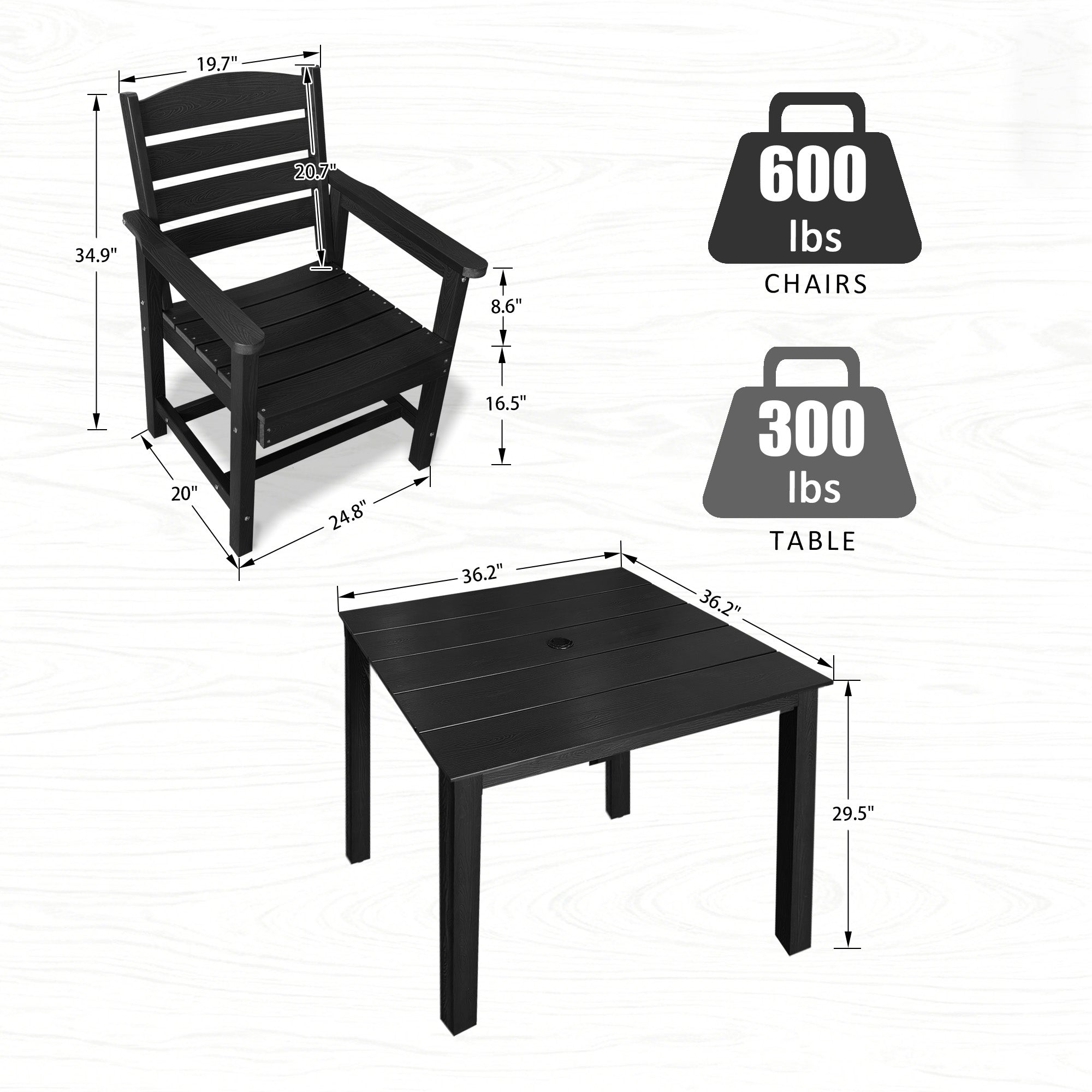 Poly Lumber Patio Dining Chair Set of Two, HIPS Outdoor Ladder Back Chair, Weather Resistant (Black, 2 Piece)