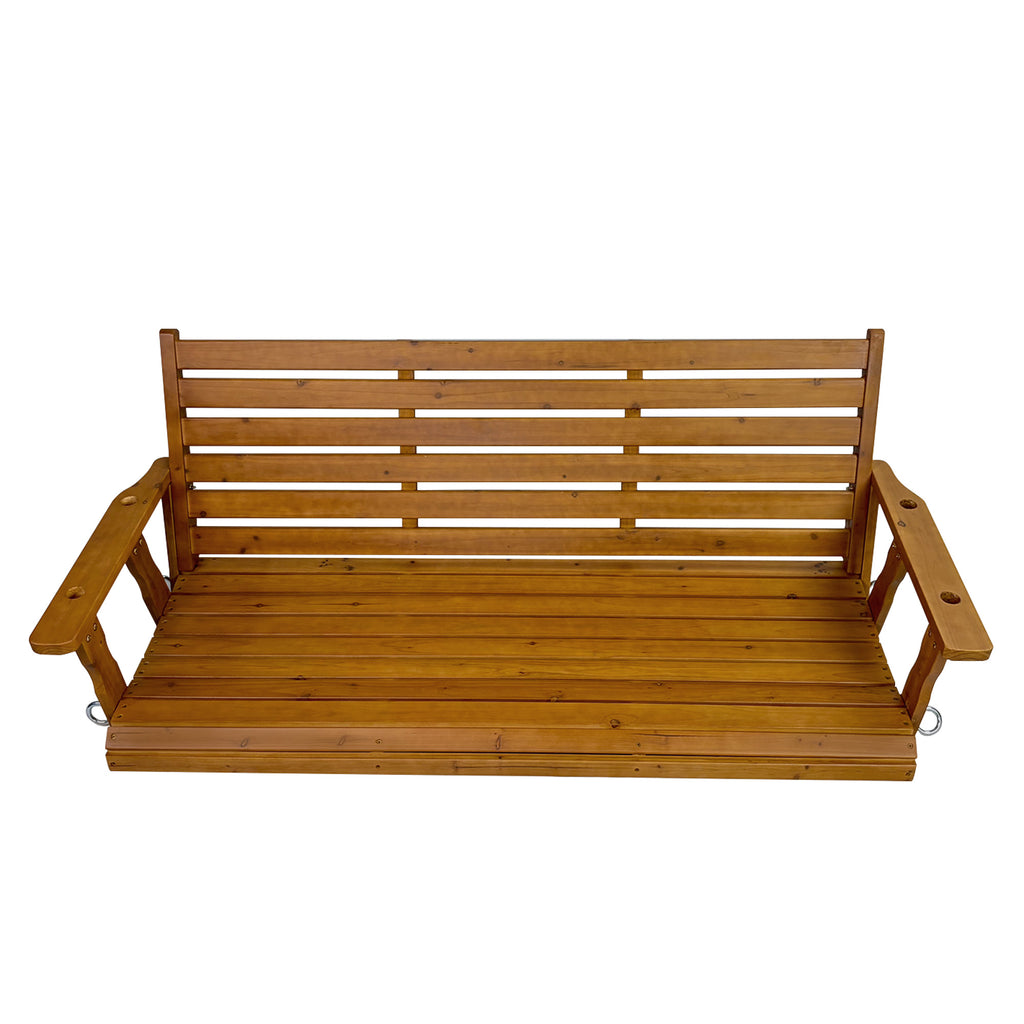 Wooden Porch Swing, Ergonomic Seat, Bench Swing with Hanging Chains and 7mm Springs, Heavy Duty 800 LBS, for Outdoor Patio Garden Yard (Warm Teak Color, 3-Seater Extra Large)