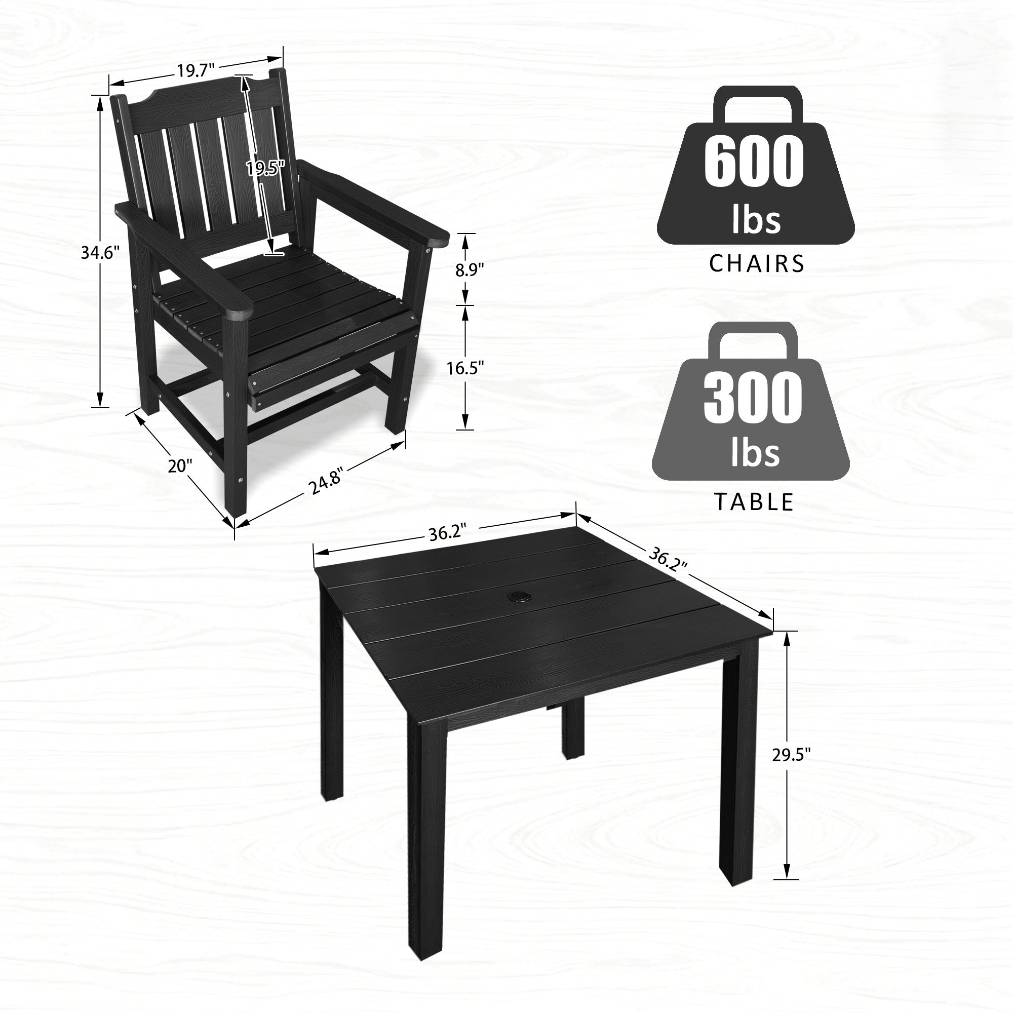 Poly Lumber Patio Dining Chair Set of Two, HIPS Outdoor Dining Chairs, Weather Resistant, Slat Back (2 Piece, Black)