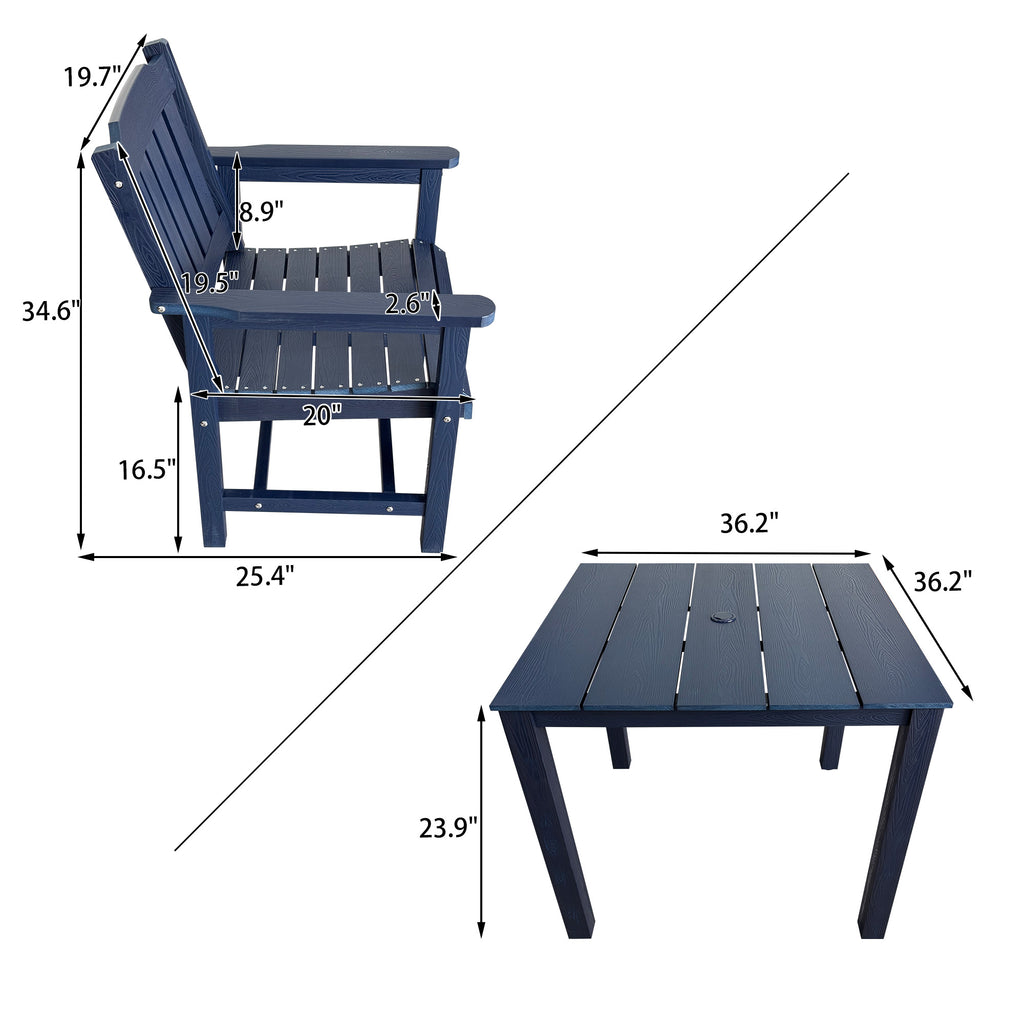 Modern HDPE Patio Dining Set, Poly Lumber Table and Chair, with Umbrella Hole, Weather Resistant, for Outdoor, Yard, Lawn (Navy Blue, 5 Piece - 36.2'' Table)