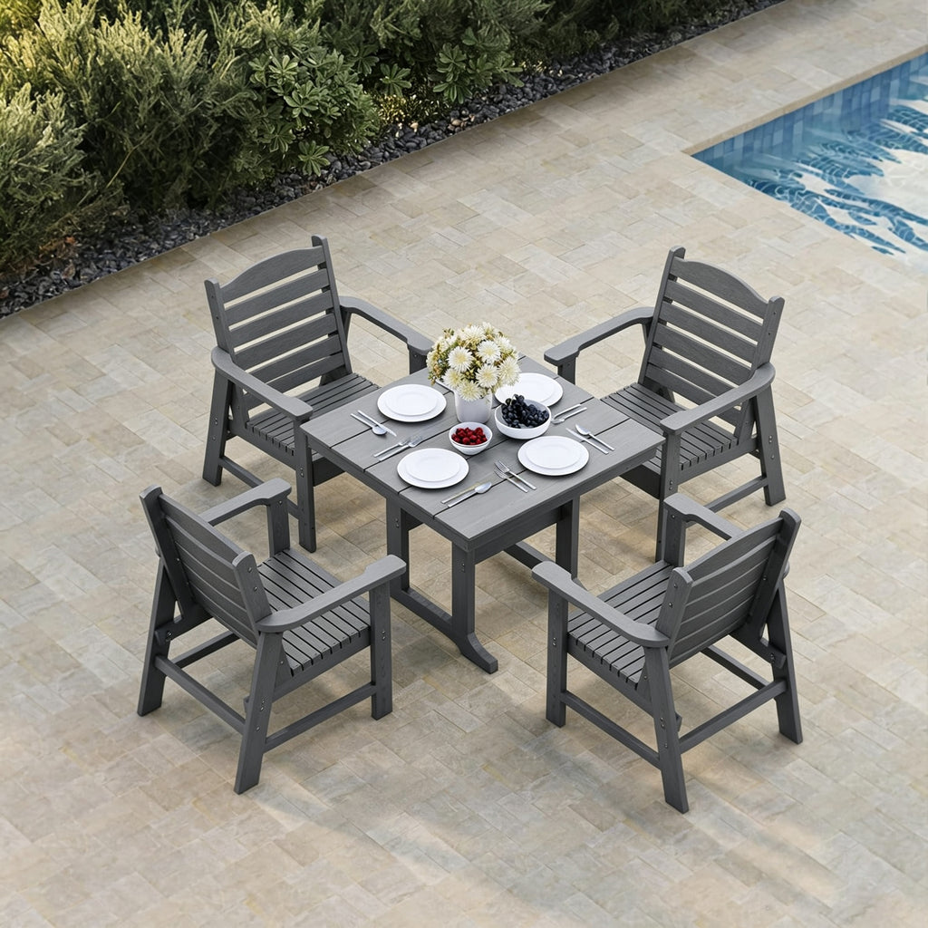 Modern HDPE Patio Dining Set, Poly Lumber Table and Chair, with Umbrella Hole, Weather Resistant, for Outdoor, Yard, Lawn (Gray, 5 Piece - 36.2'' Table)