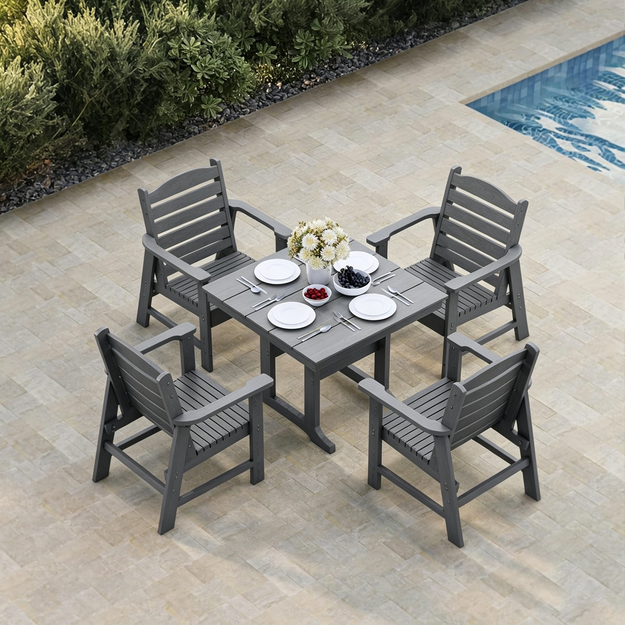 Modern HDPE Patio Dining Set, Poly Lumber Table and Chair, with Umbrella Hole, Weather Resistant, for Outdoor, Yard, Lawn (Gray, 5 Piece - 36.2'' Table)