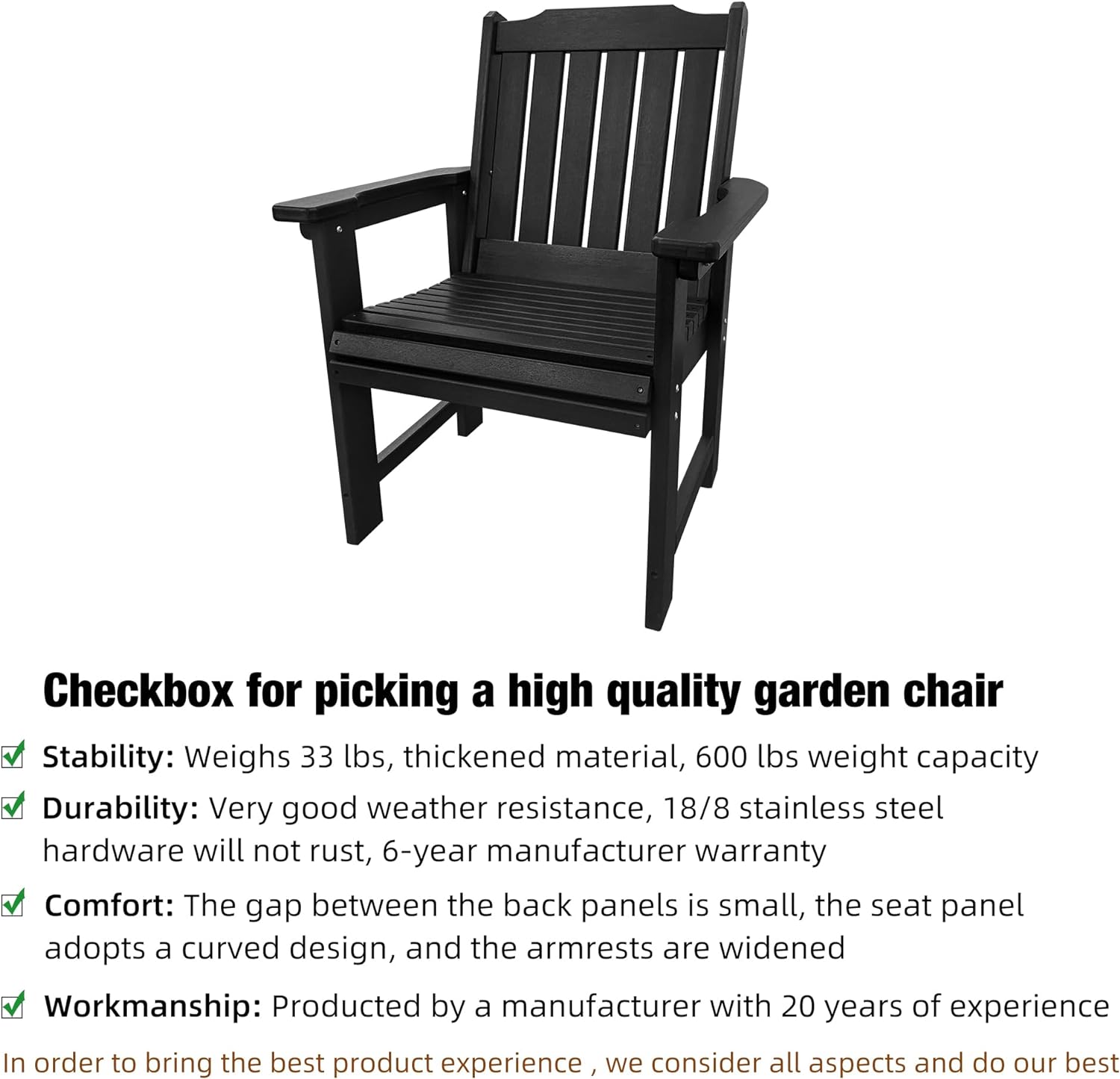 HDPE Patio Dinning Chair, Outdoor Chair with 18/8 Stainless Steel Hardware, Heavy Duty 600 LBS, for Outdoor Patio Garden Yard (Carbon Black)